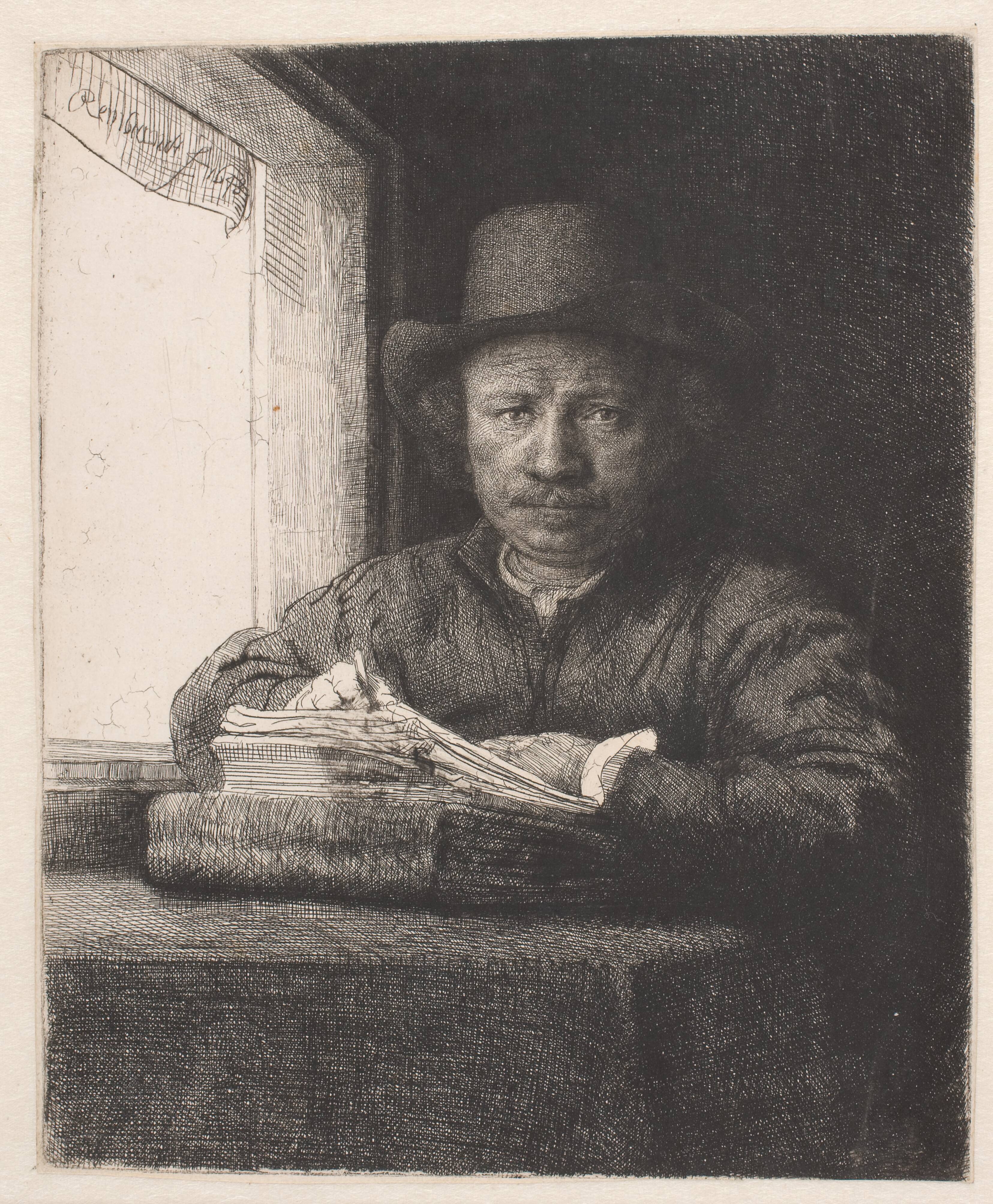 Rembrandt drawing at a window