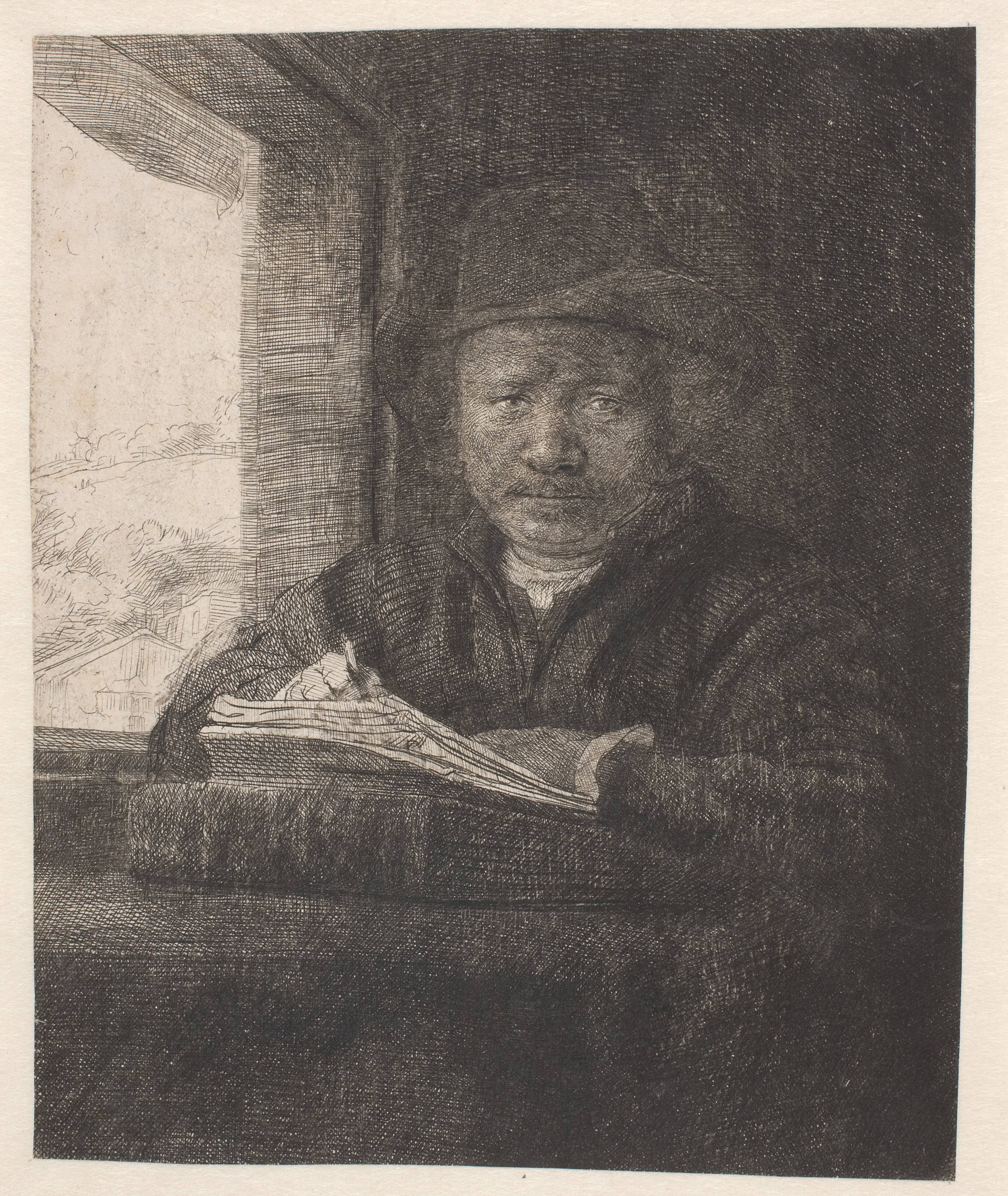 Rembrandt drawing at a window