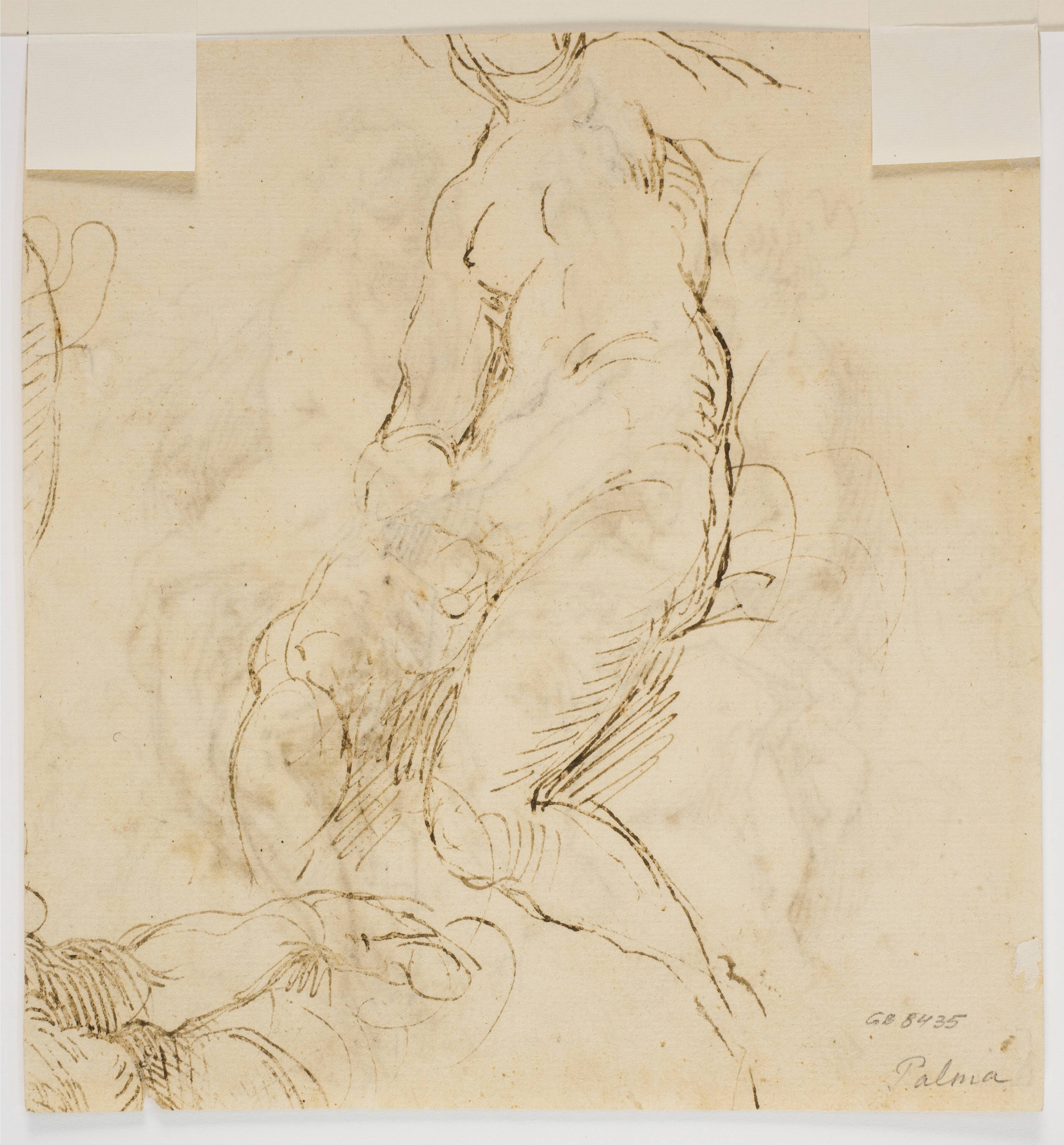 Seated woman and a prostrated nude in forshortening, cropped