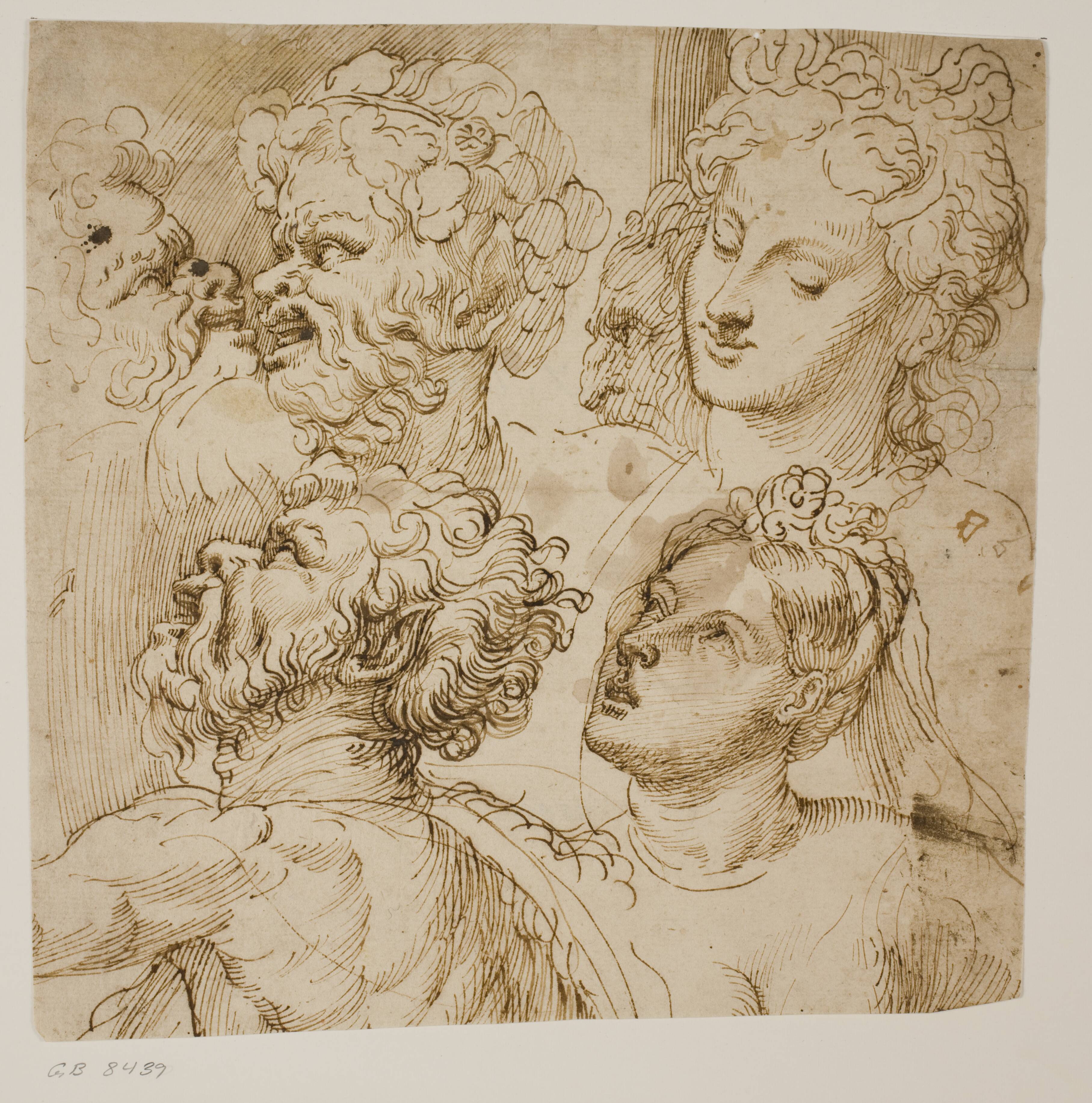 Studies for the heads of three satyrs, an old man and two women