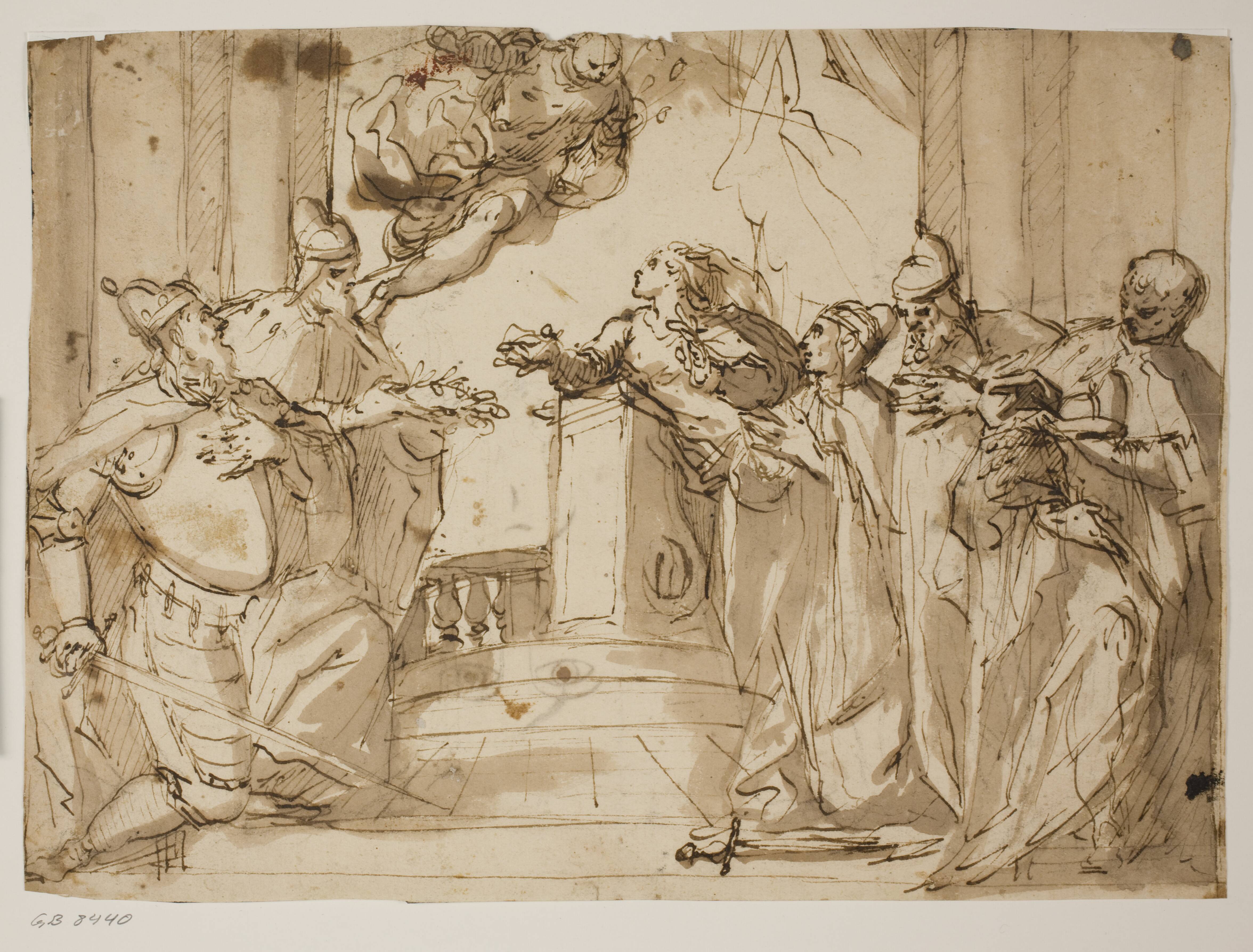 Four doges and a man in a mantle with the doge’s cap in his hands, with the Annunciation(?) in the background