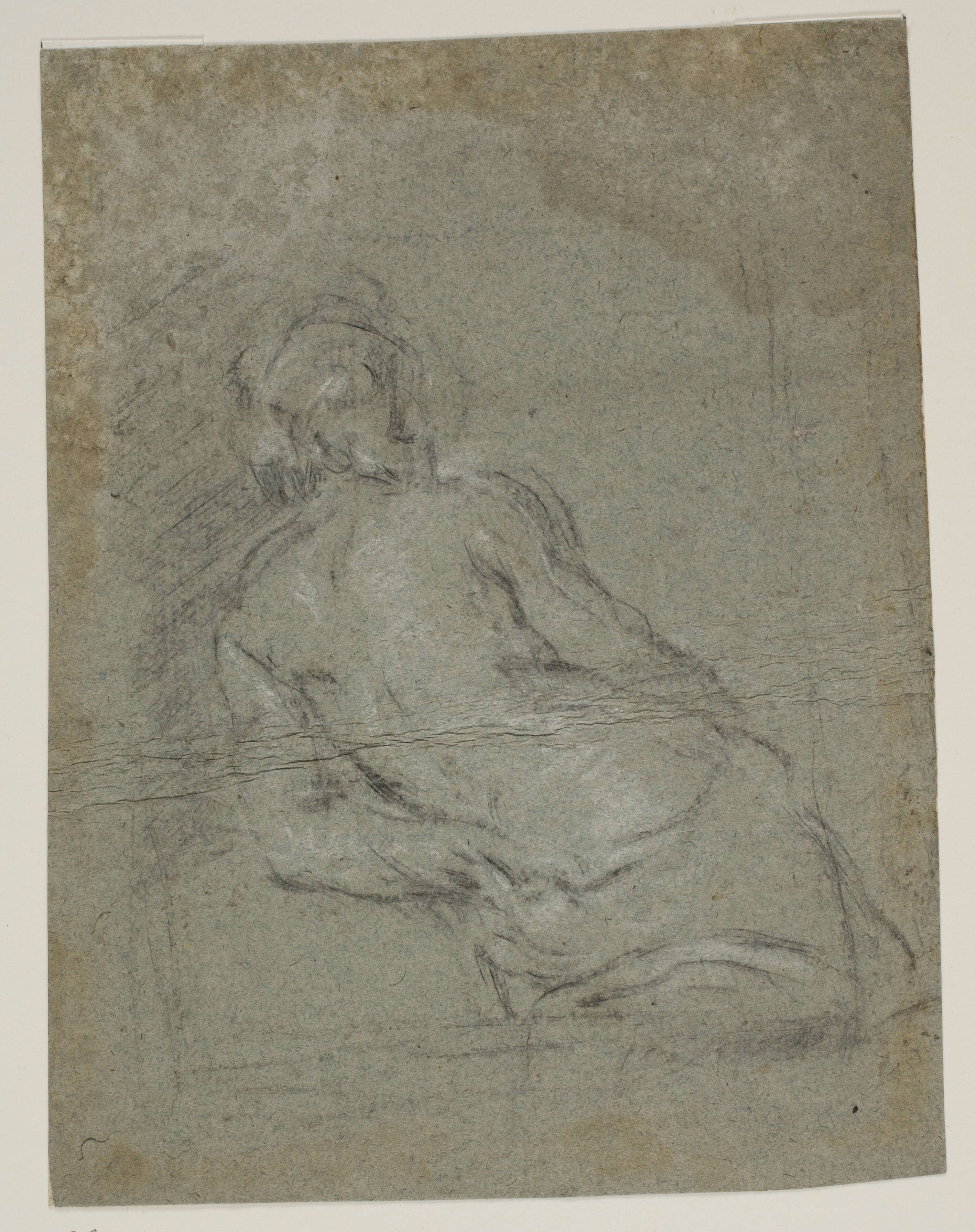 Half-length, semi-nude male figure leaning to the left