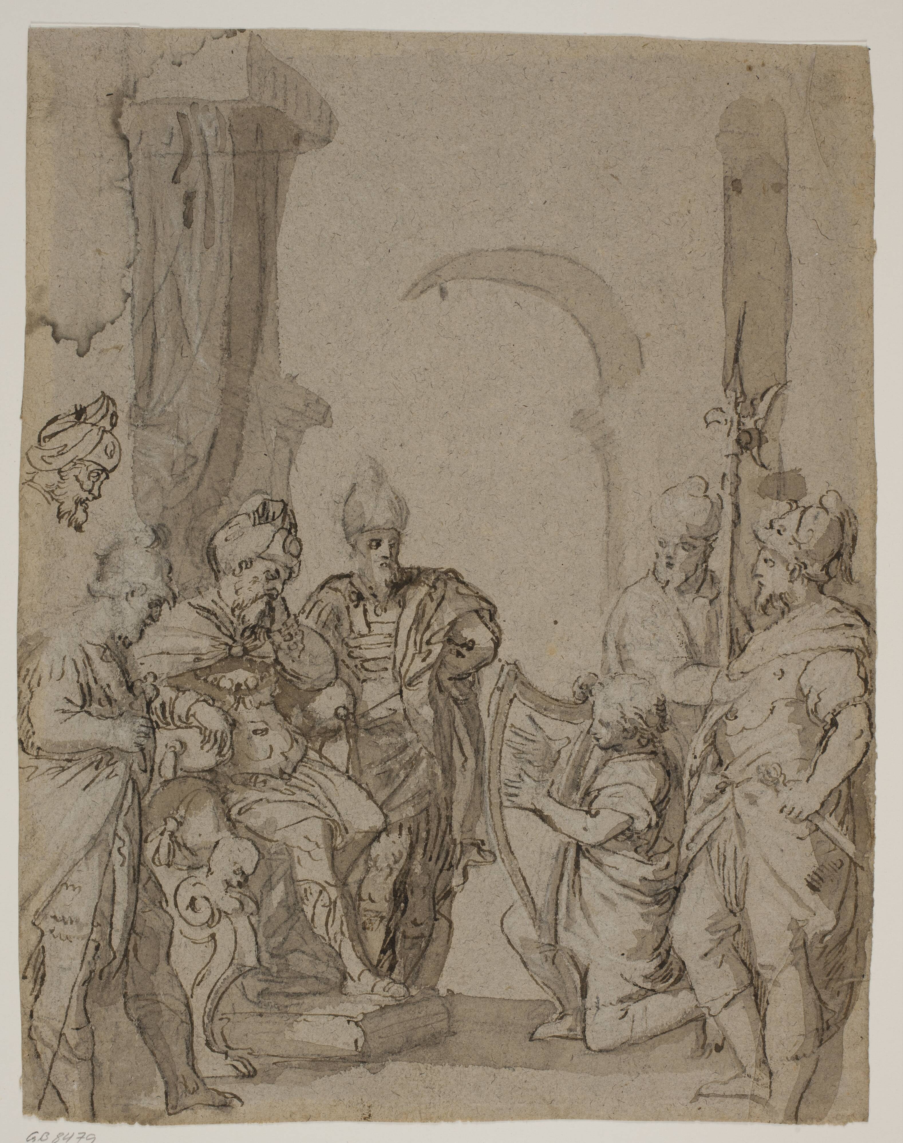 David playing the harp for King Saul