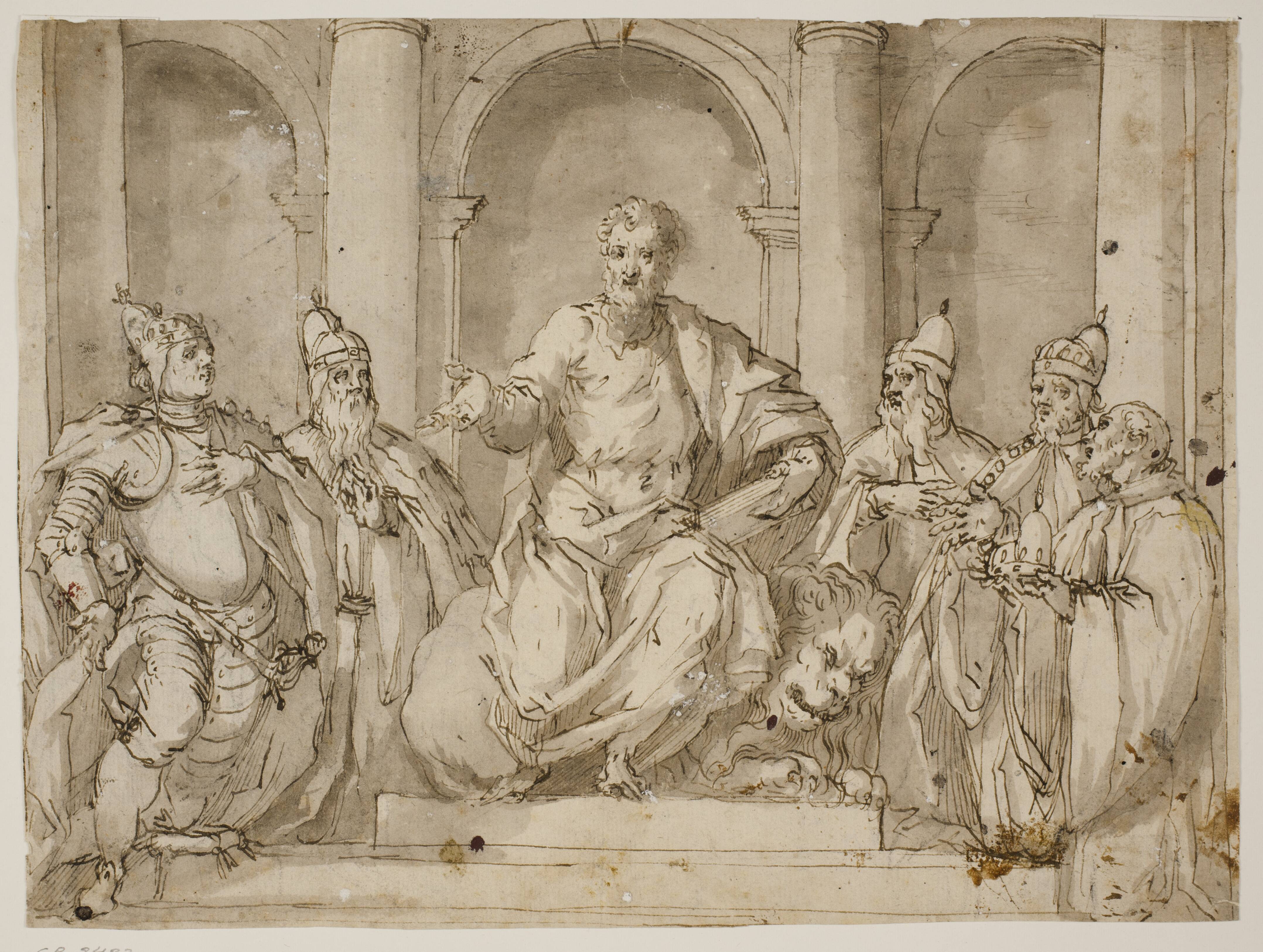 St Mark enthroned surrounded by four doges and a man with a doge’s cap in his hands