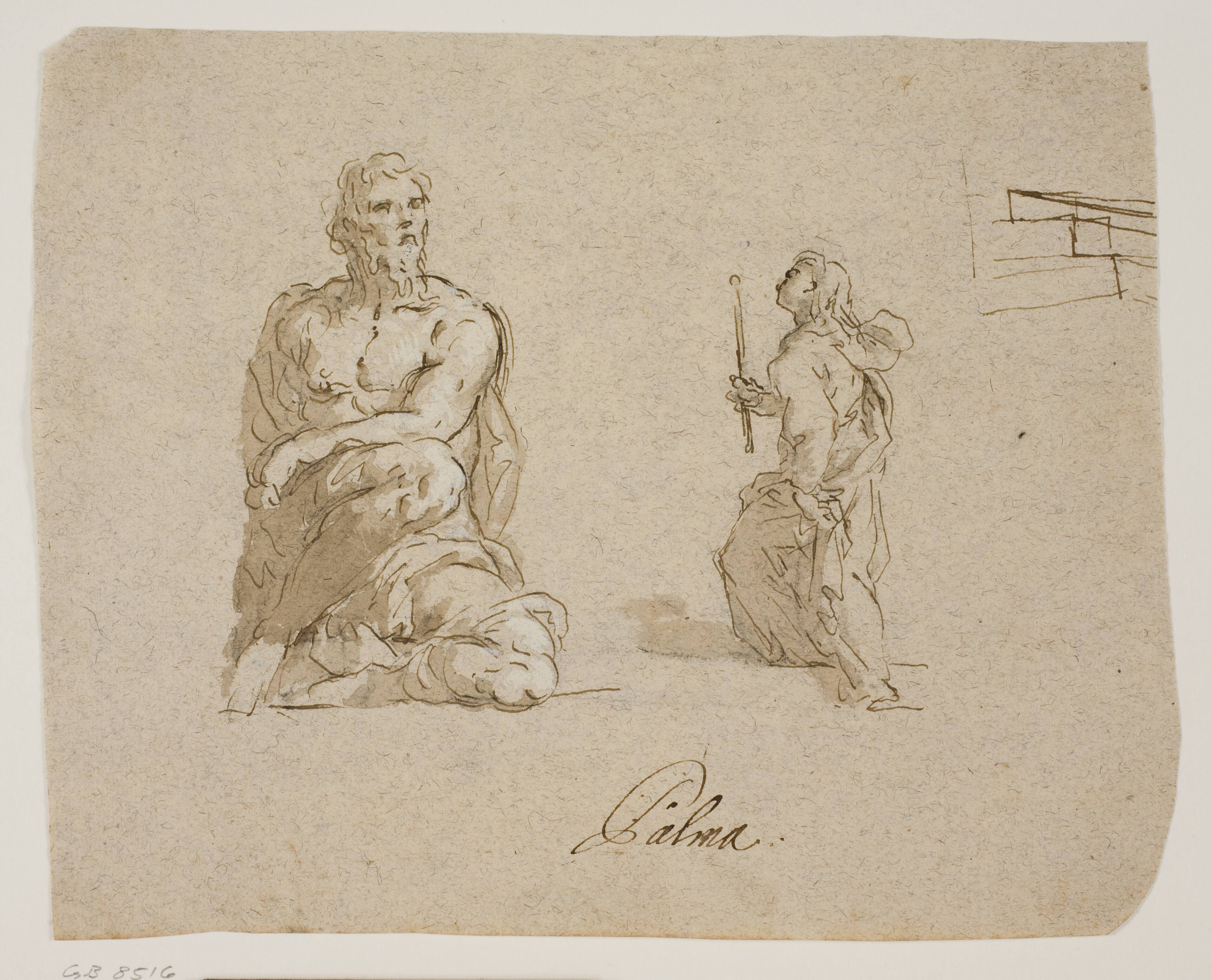 Kneeling man, girl with a candle mounting stairs (the Virgin entering the Temple), perspective sketch for the stairs