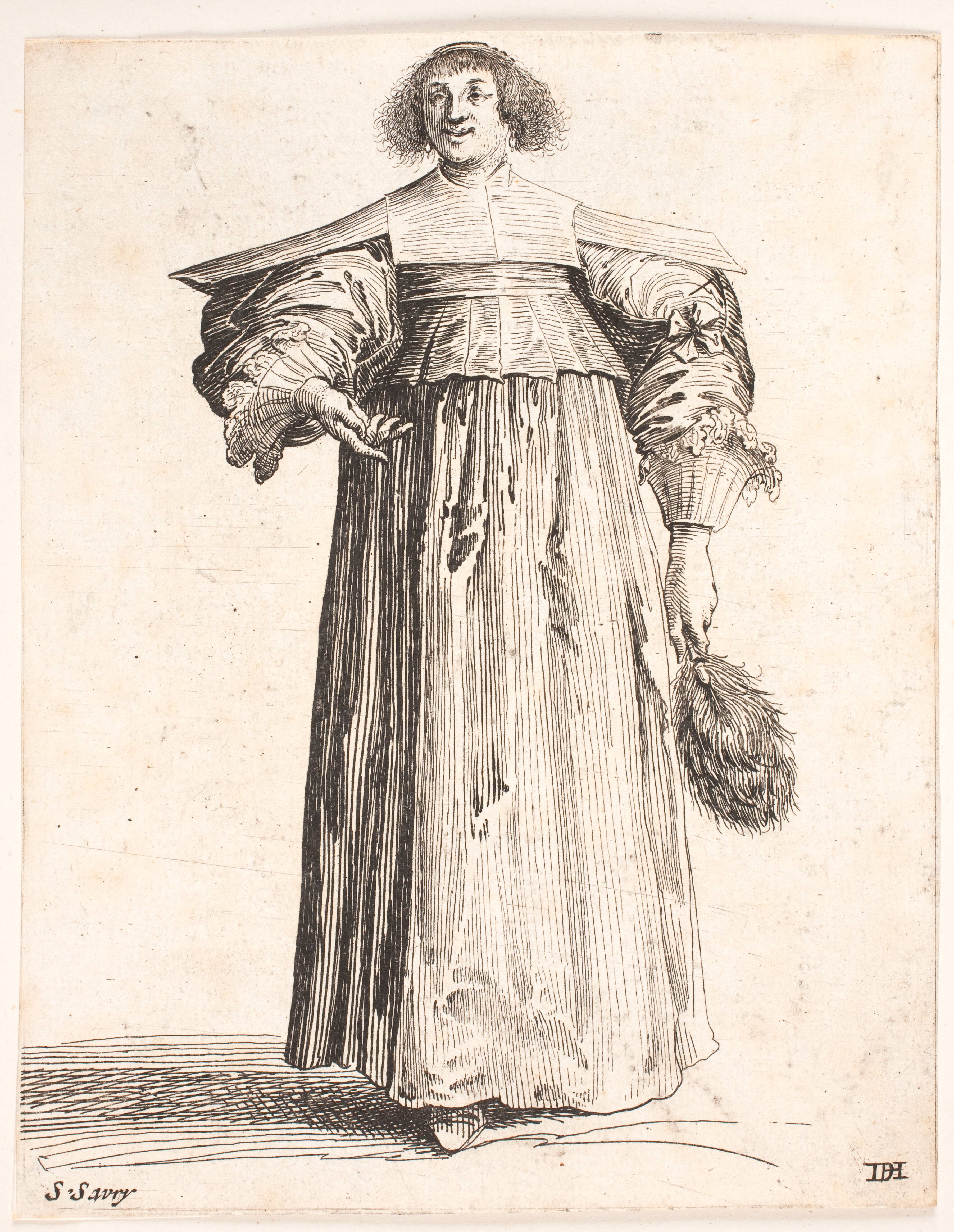 Woman seen en face. Holds feather fan in left hand and gestures with right