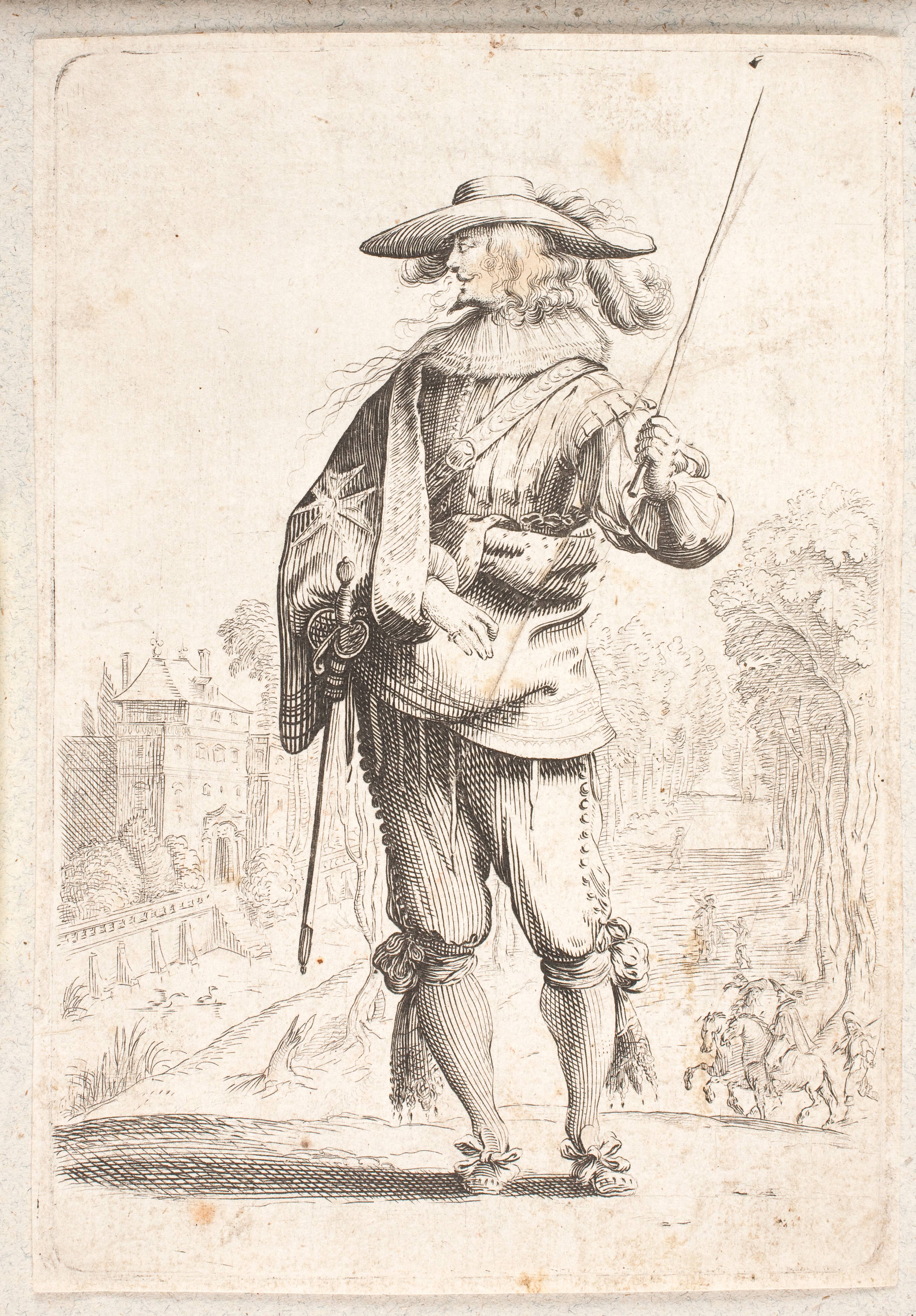 Standing soldier seen en face but with head in left profile. Holds baton in left hand