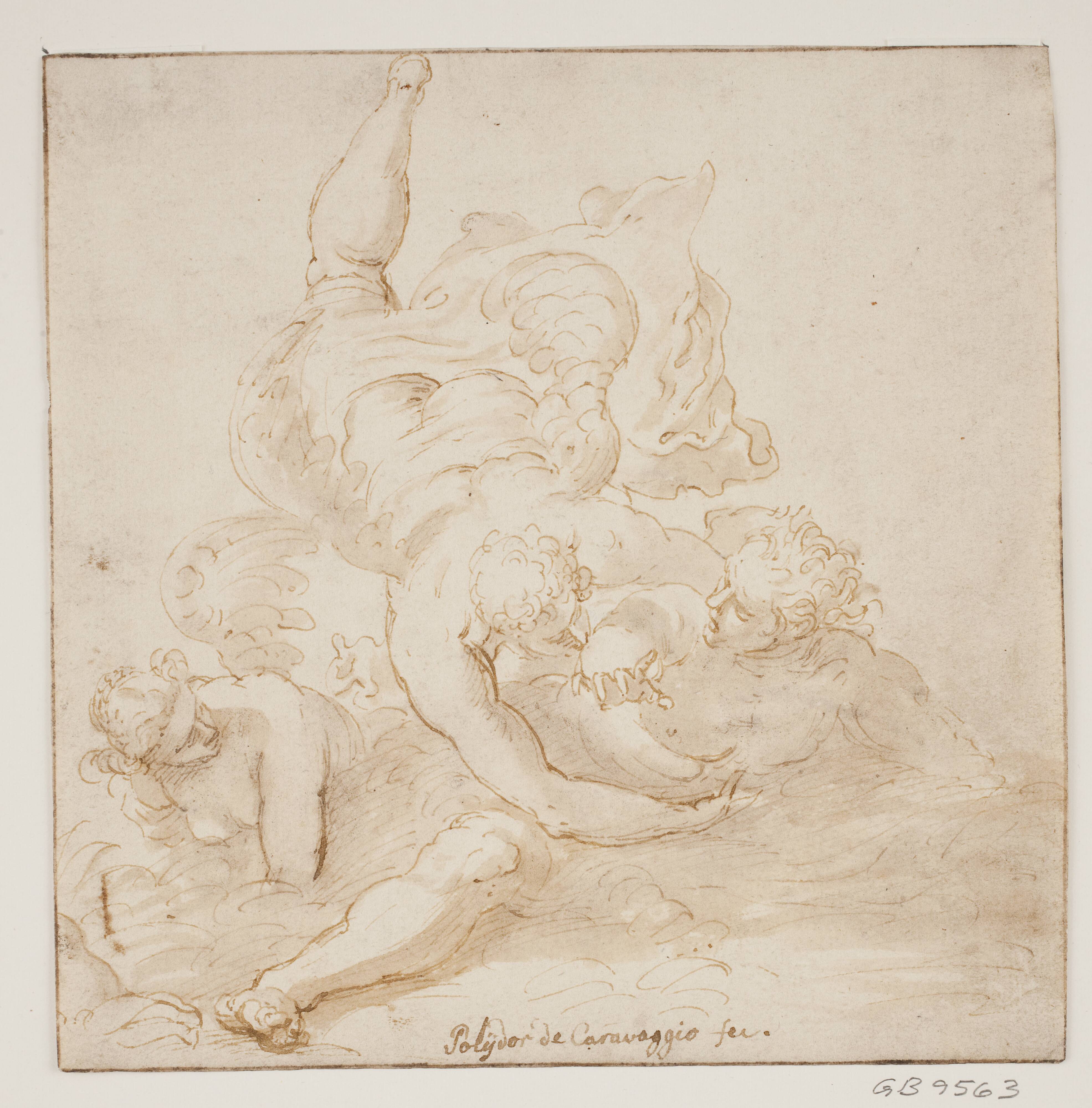 Two angels carrying a man