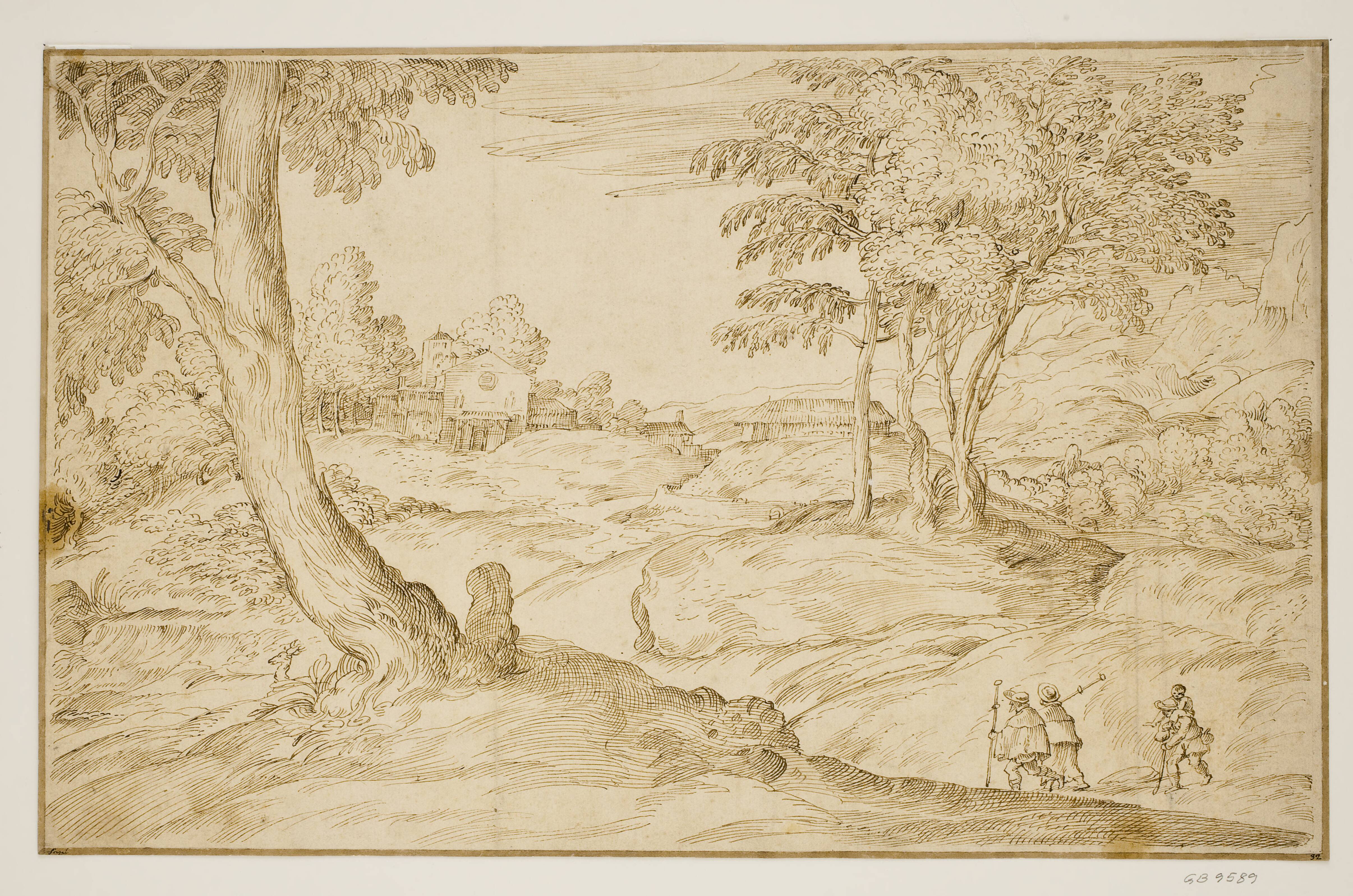 Landscape with pilgrims approaching a church