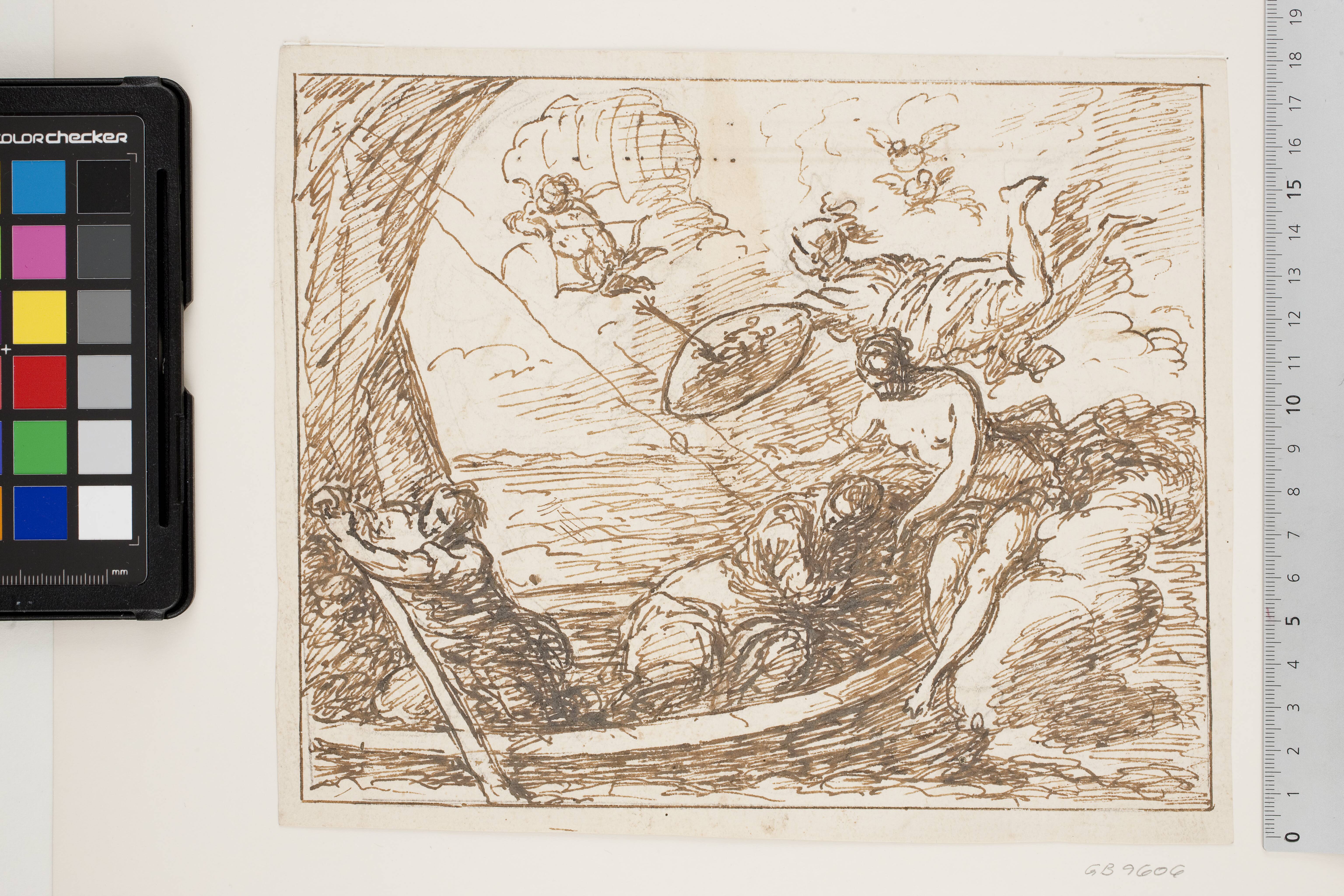 Minerva and Venus protecting a male hero (Aeneas?) in a boat against Cupid’s arrows