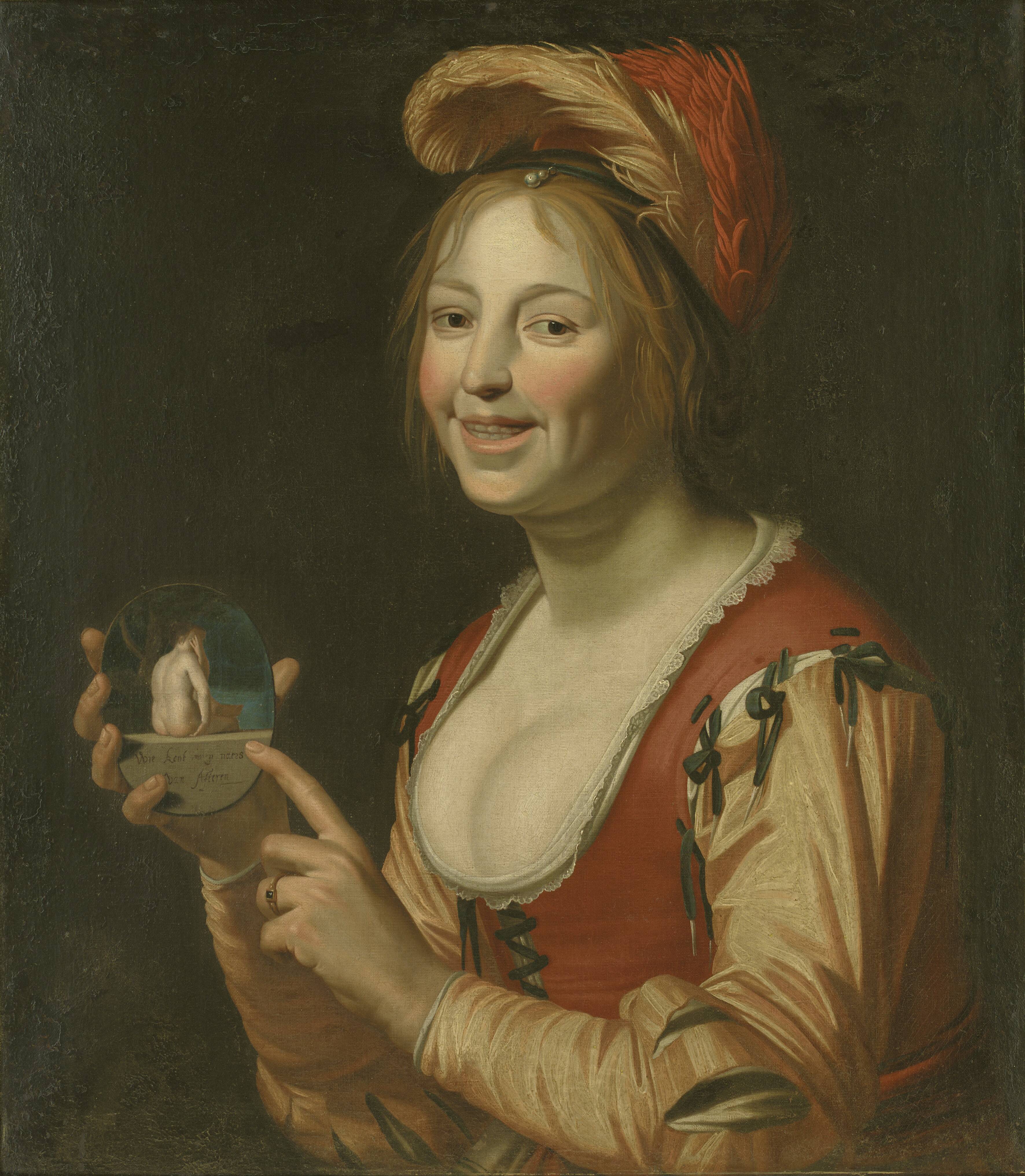 Laughing Girl Showing a Small Picture of a Nude Woman Seen from Behind