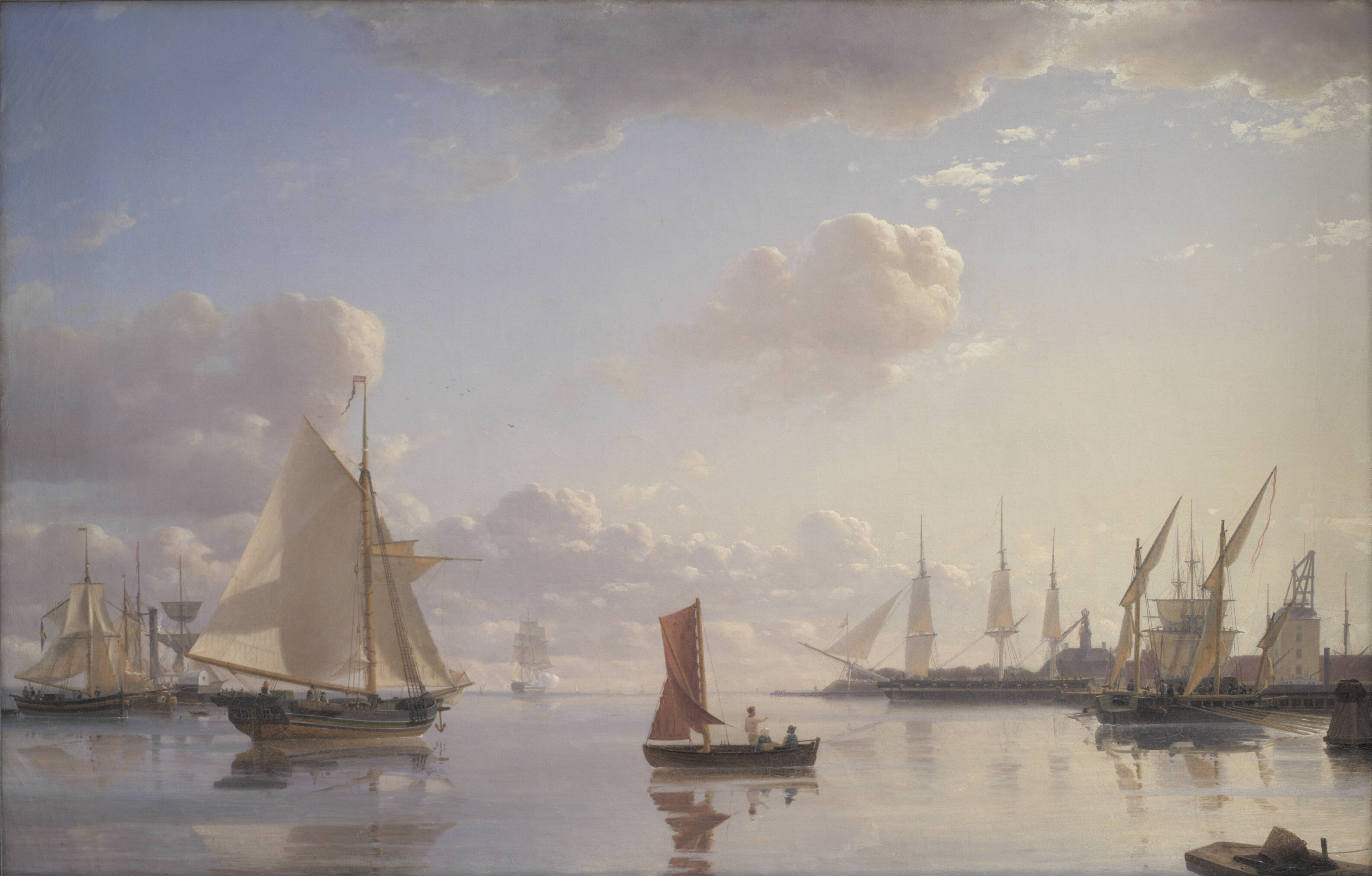 View from Langelinie towards the Royal naval Dockyards at Nyholm, Copenhagen. Morning Light