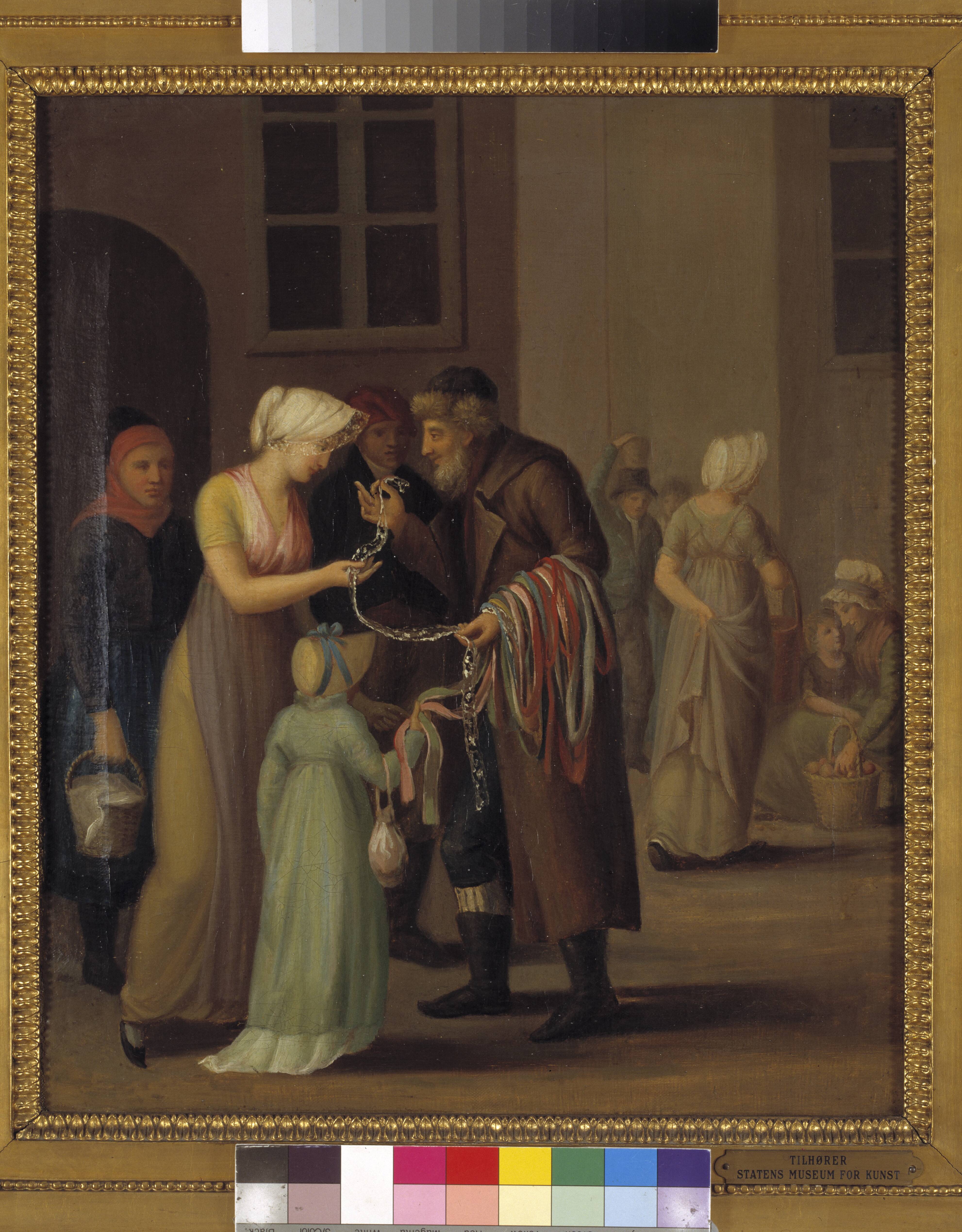 Gadescene i København ved år 1800. Piskebåndsjøden sælger en knipling til en ung pige
