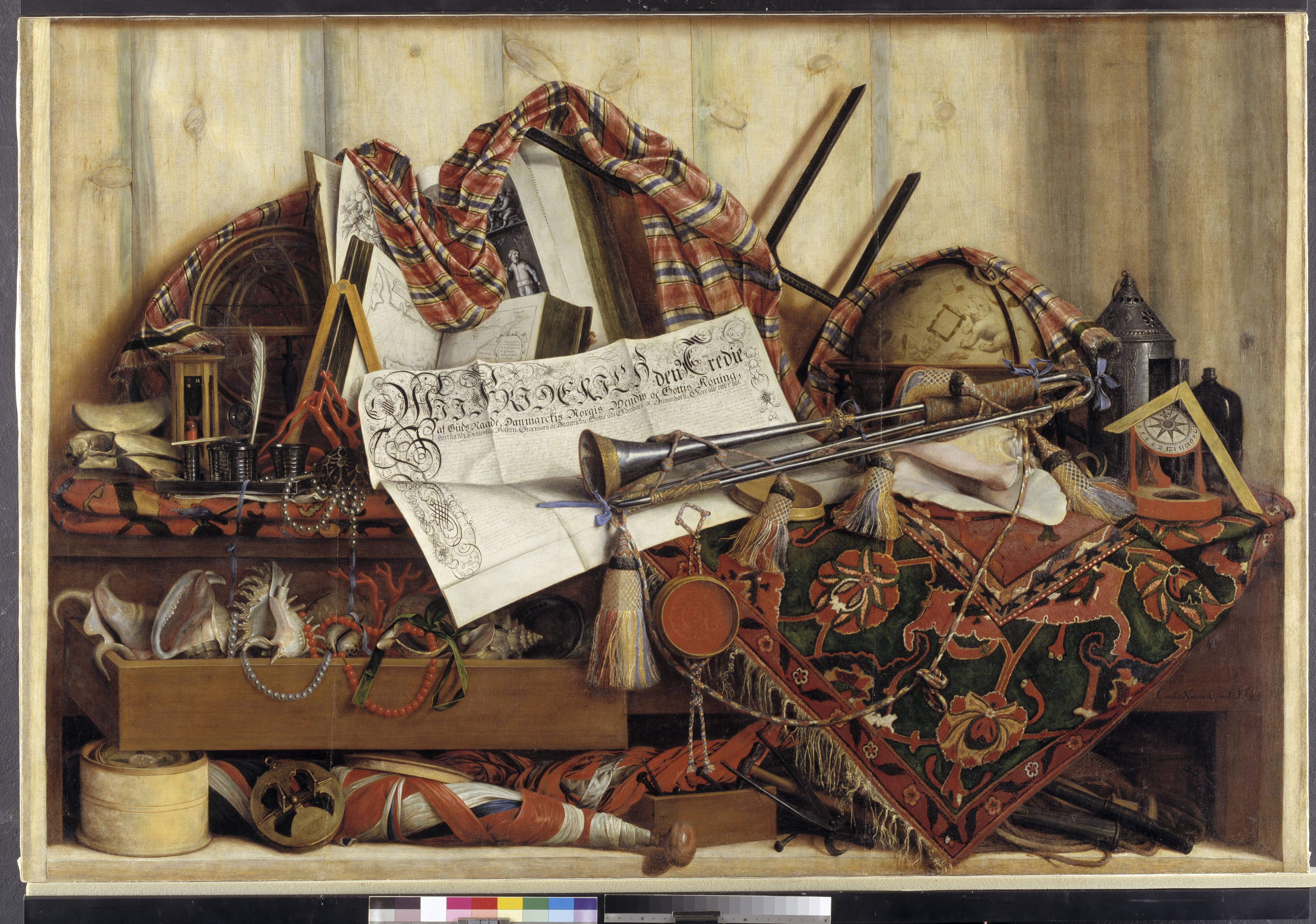 Trompe l'Oeil with Trumpet, Celestial Globe and Proclamation by Frederik III