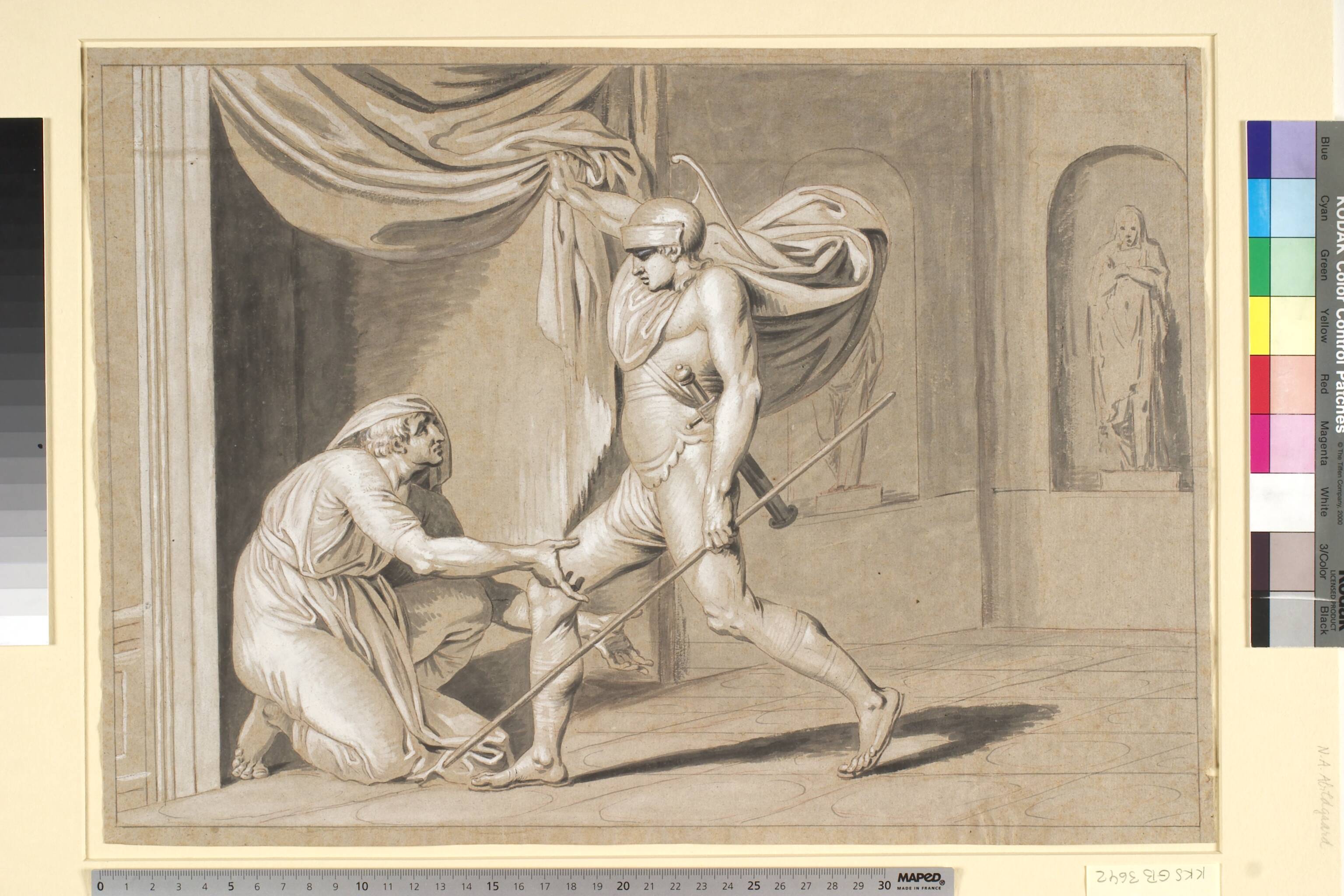 En soldat finder Claudius, der frygter for at blive Kejser, gemt bag et gardin