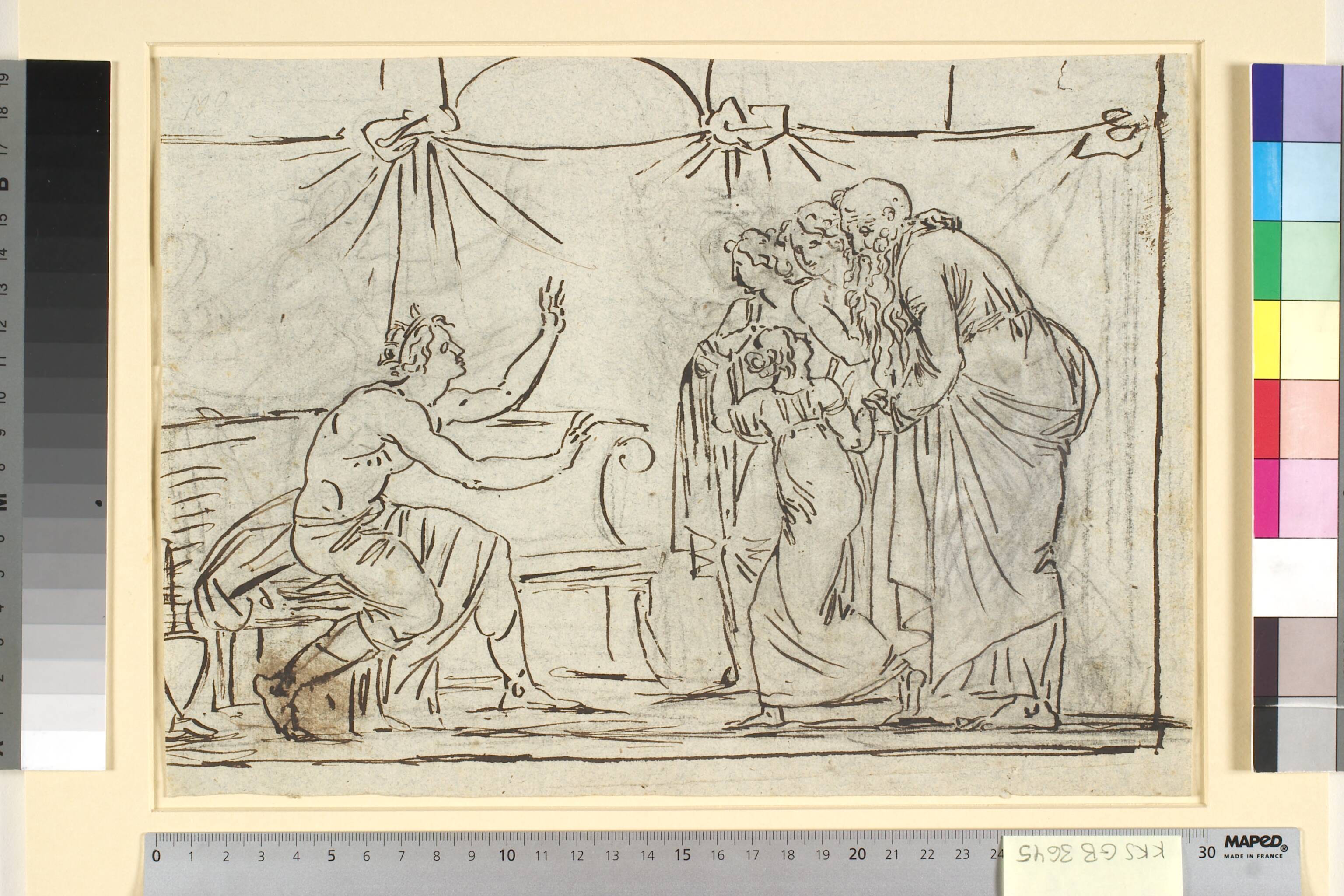 Antik scene. En siddende kronet helt taler til en gruppe af fire figurer, heriblandt en mindre pige og en gammel mand