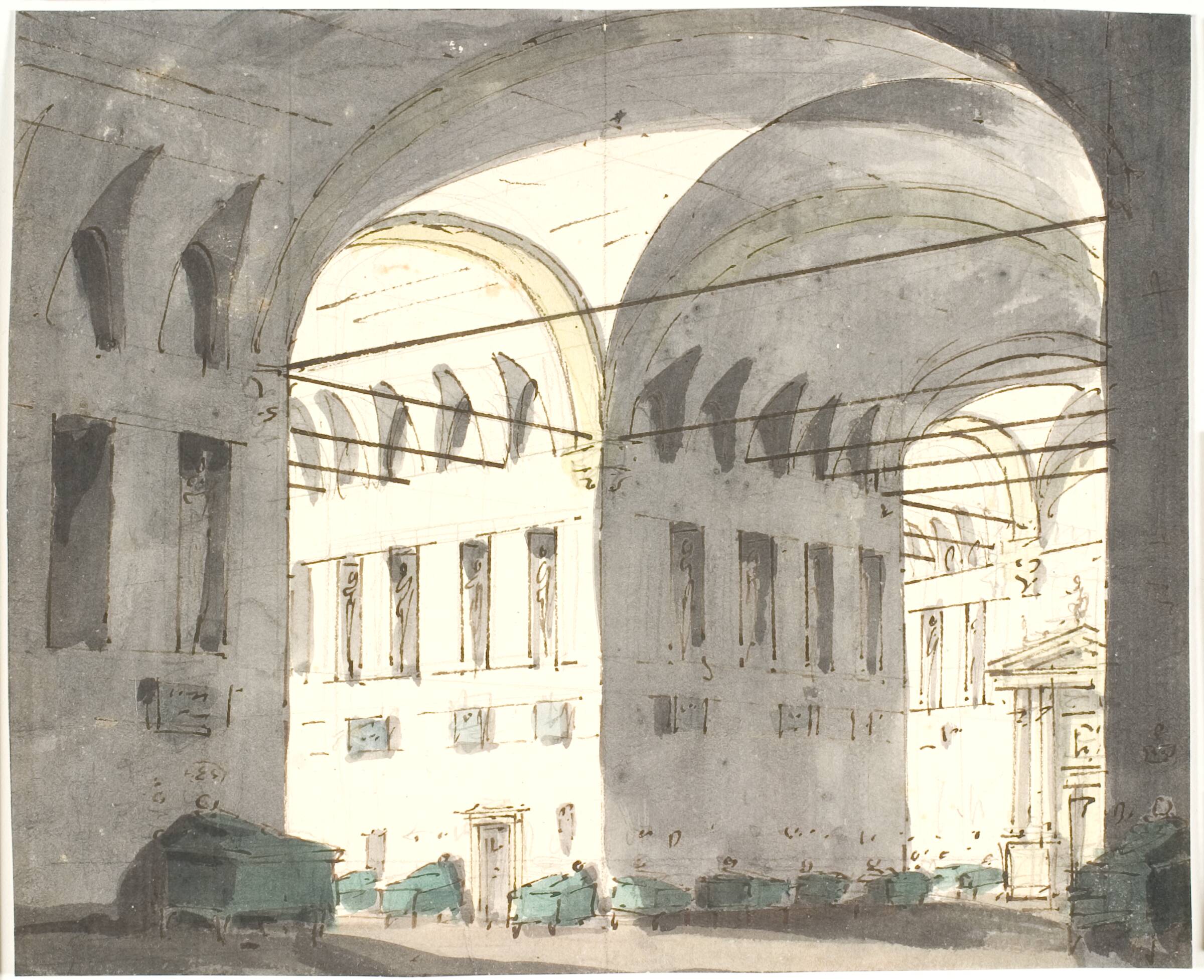 Interiør med store buer og senge?, Aron Wallick, 1803-1809