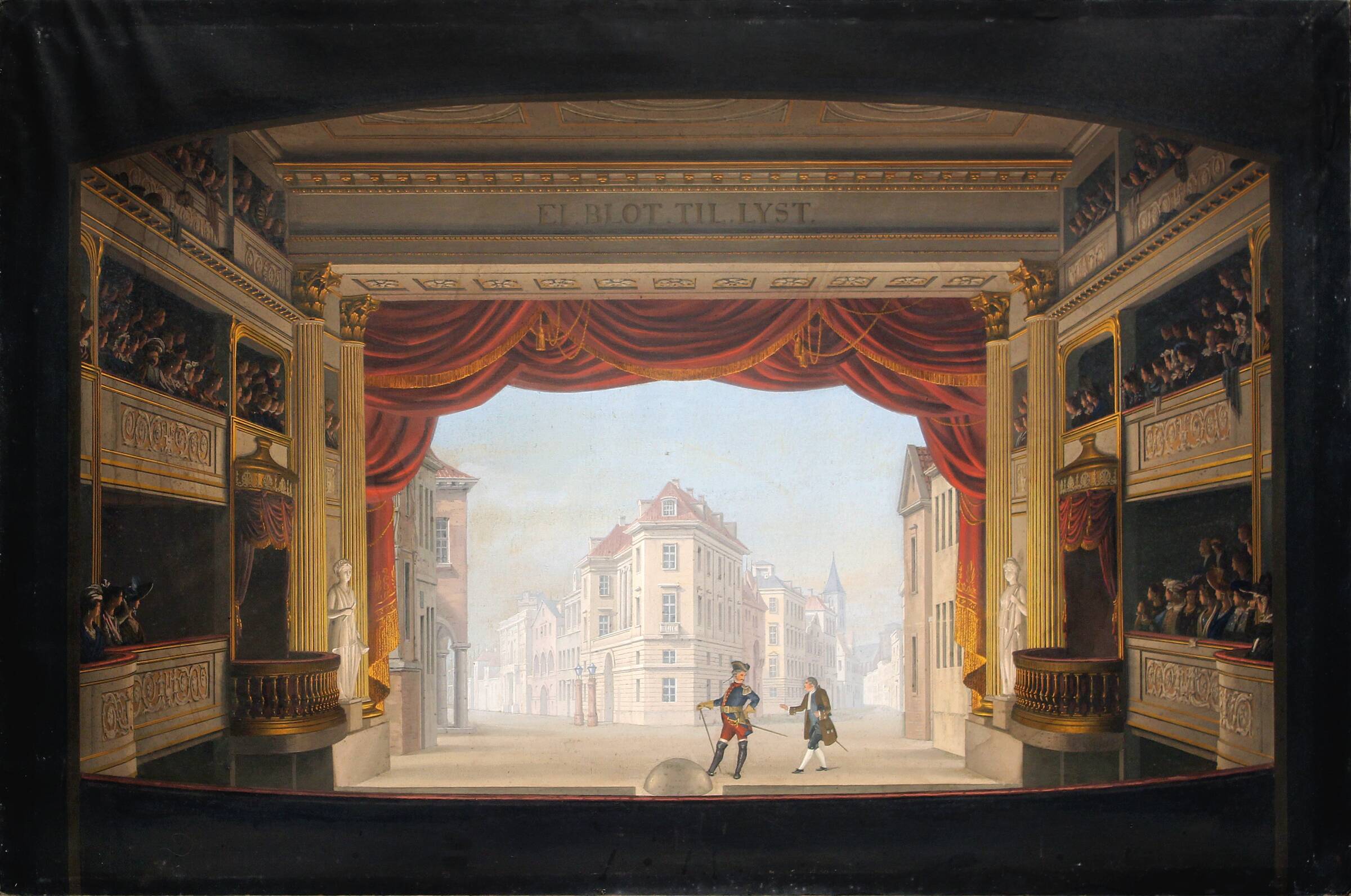Det indvendige af Det kgl. teater under fremstillingen af Jacob v. Thyboe, C.F. Christensen, 1820-1830