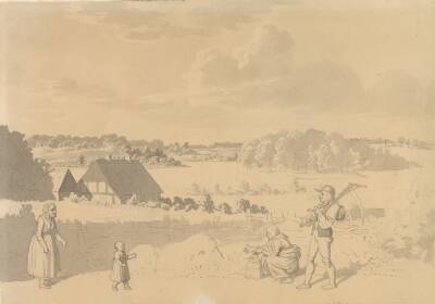 Landskab med en sø, omgivet af skov og marker, i forgrunden bønder, der leger med et lille barn