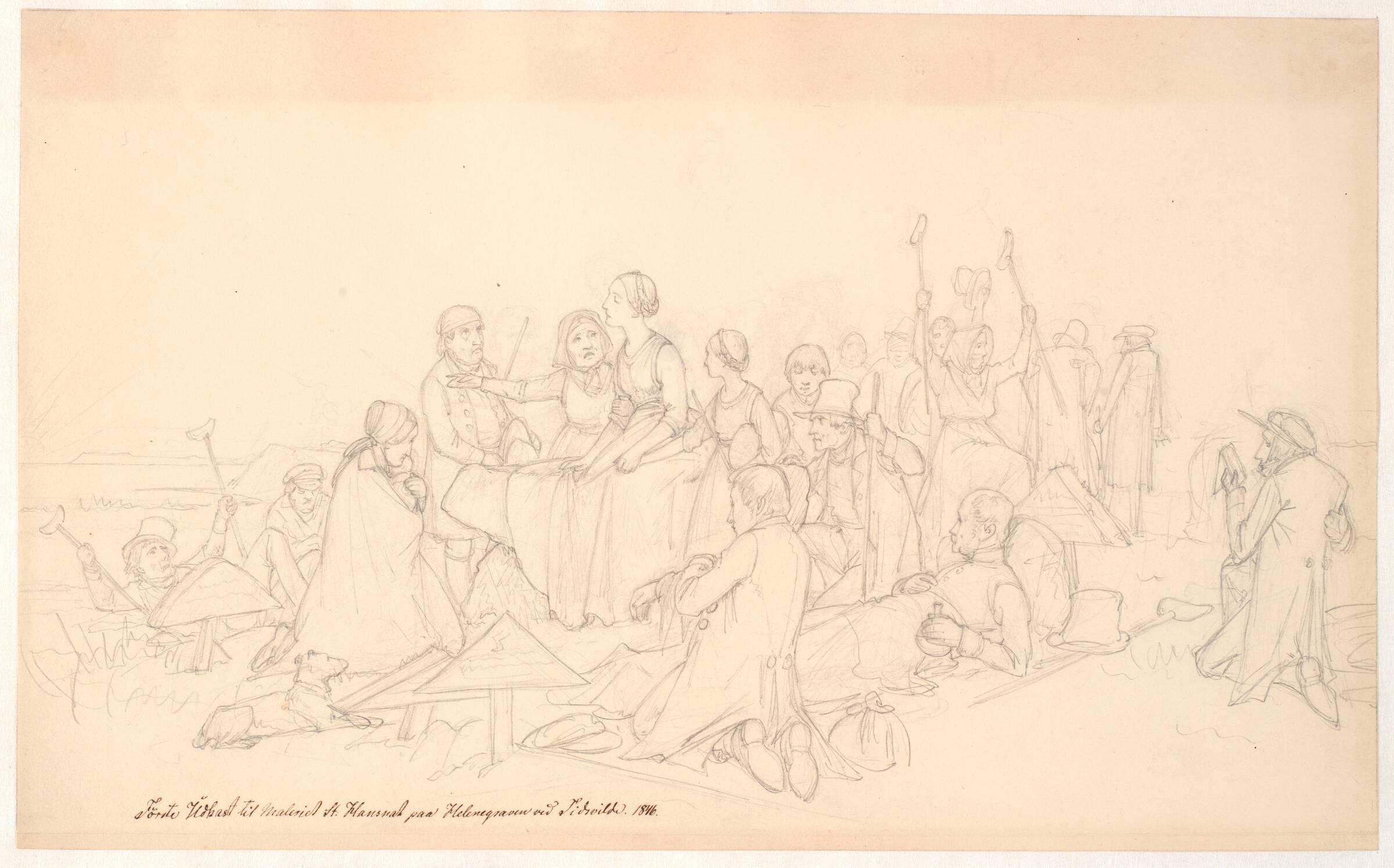 Første udkast til maleriet St. Hansnat paa Helenegraven ved Tisvilde, Jørgen V. Sonne, 1846