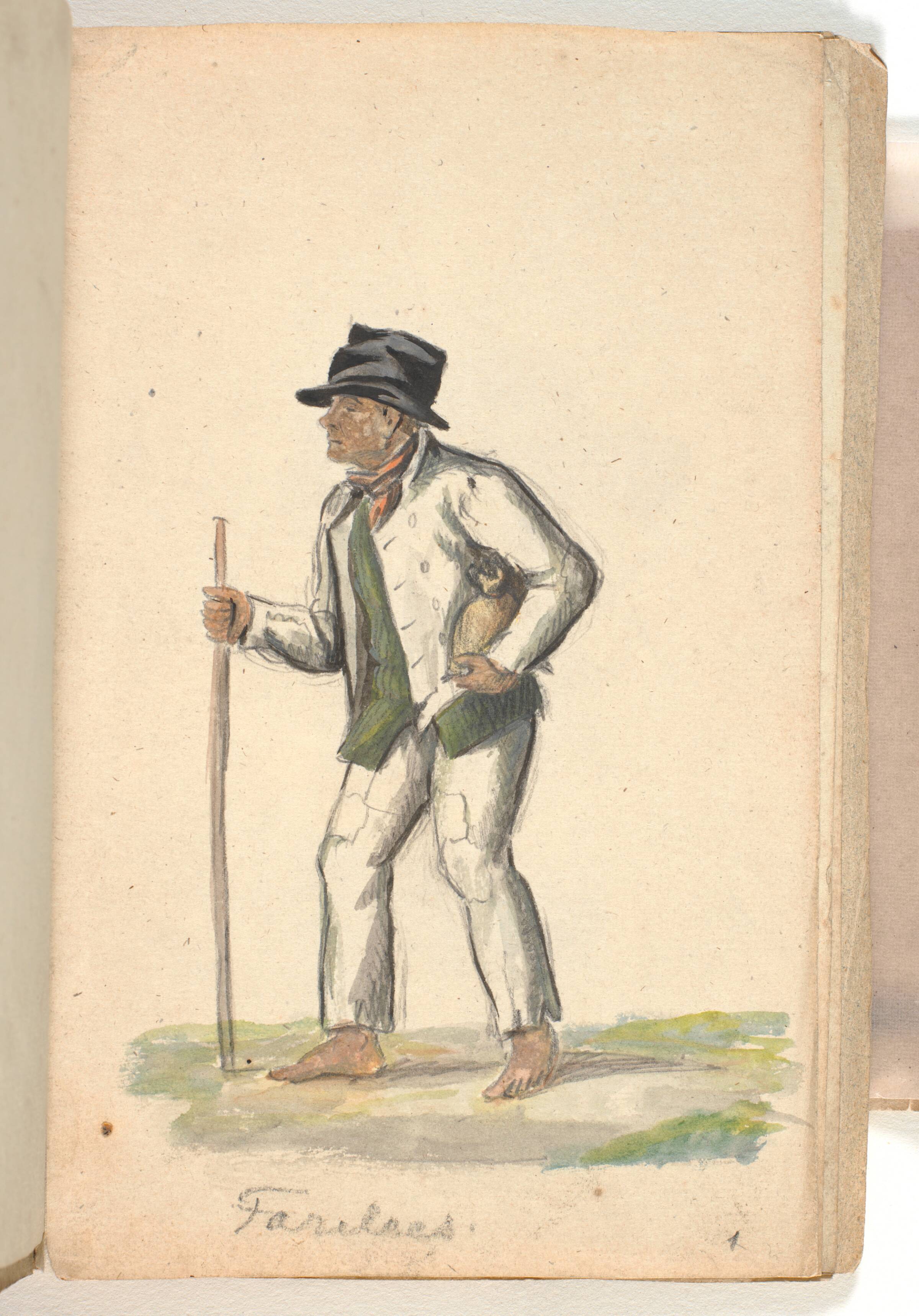 En mand på bare fødder med en pose under armen og en stav i hånden., P.C. Skovgaard, 1826-1829