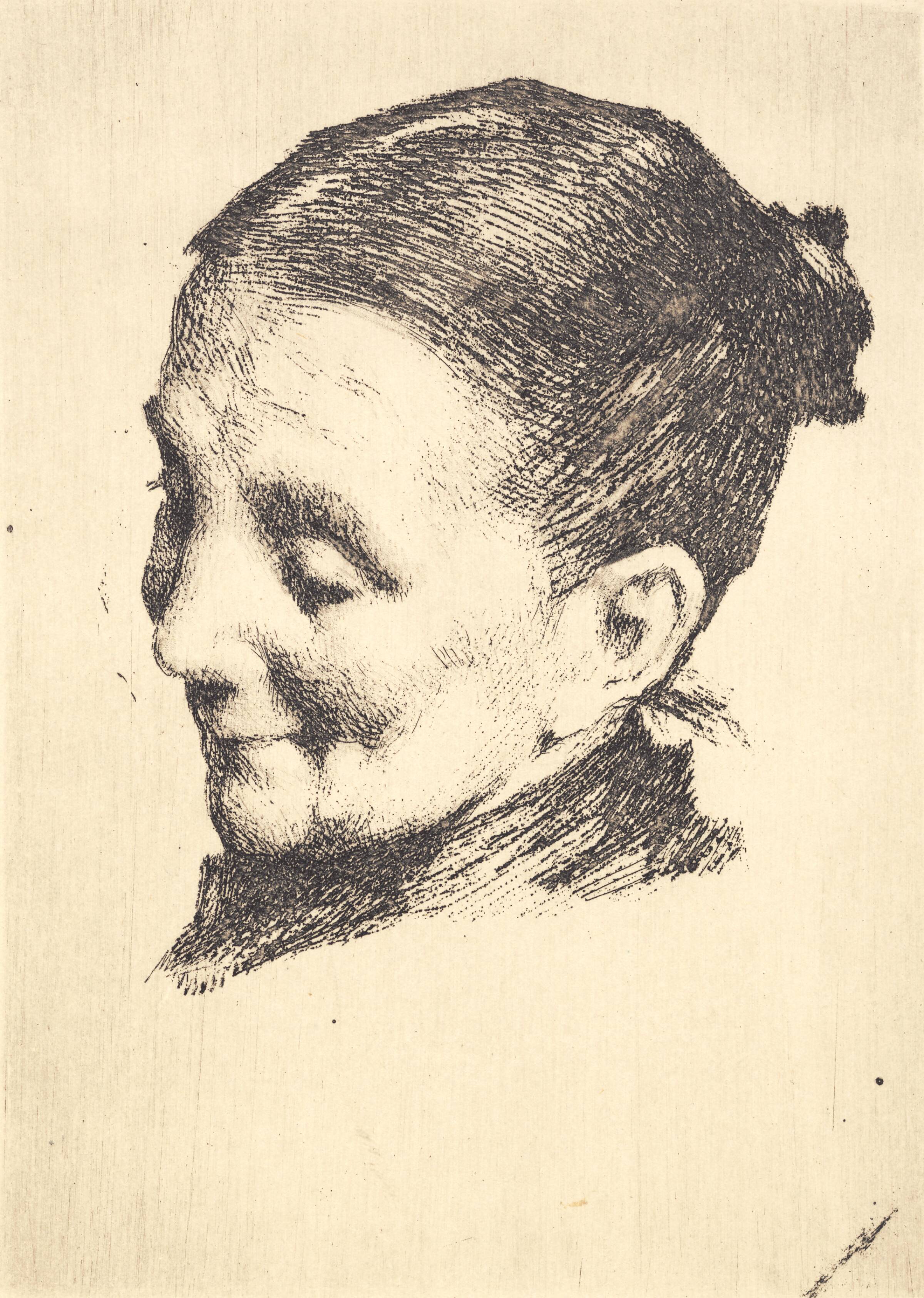 Hoved af en ældre kone med nedadrettet blik, vendt mod venstre, Frans Schwartz, 1865-1917