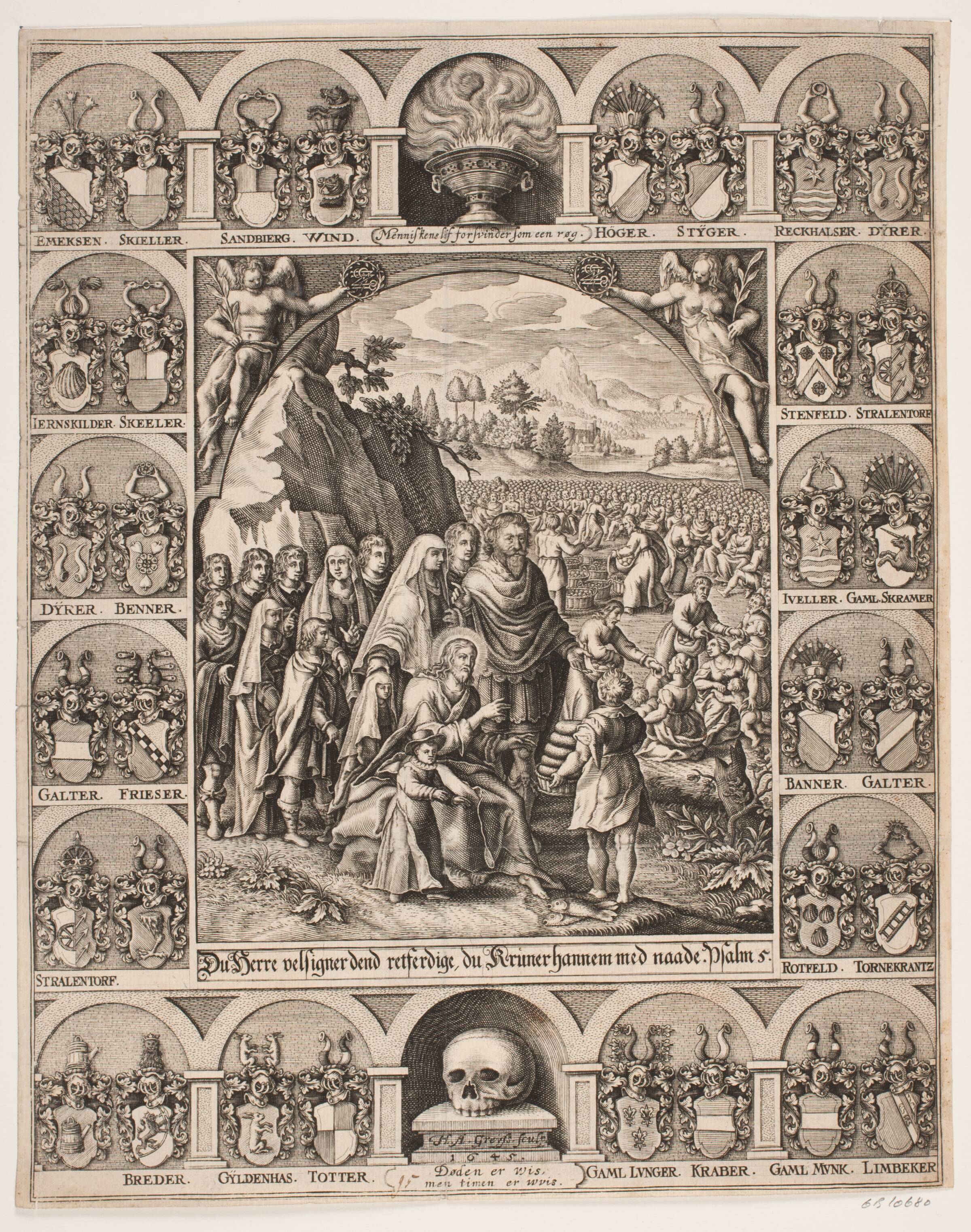 Kristus bespiser de 5000. Omgivet af Jørgen Vinds aneskjolde, Hans Andreas Greys, 1644