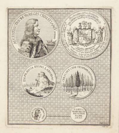 Seks medaljoner med forskellige motiver, to af dem med portrætter af Peder Griffenfeld