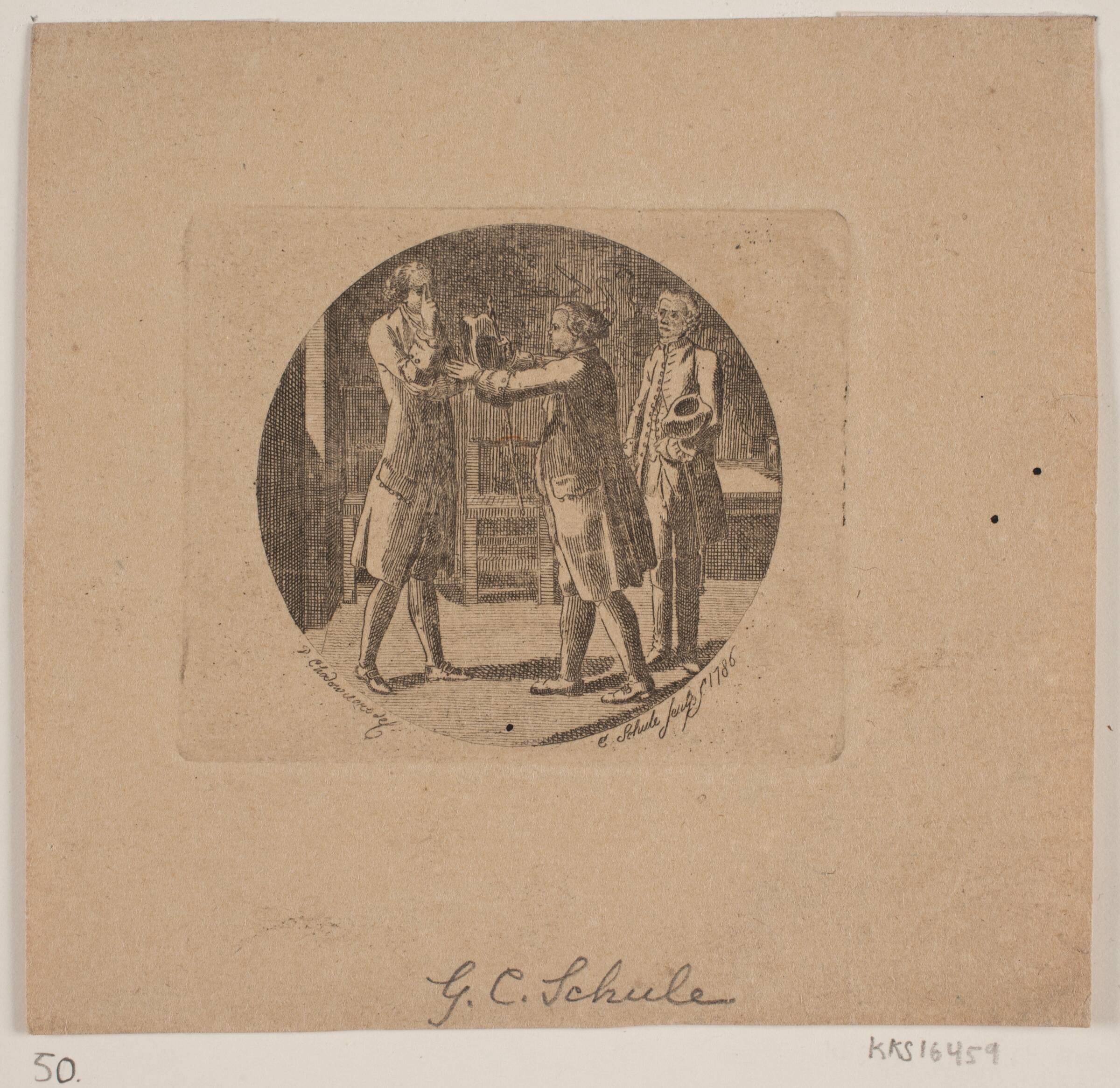 Vignet med tre mænd, Georg Christian Schule, 1786