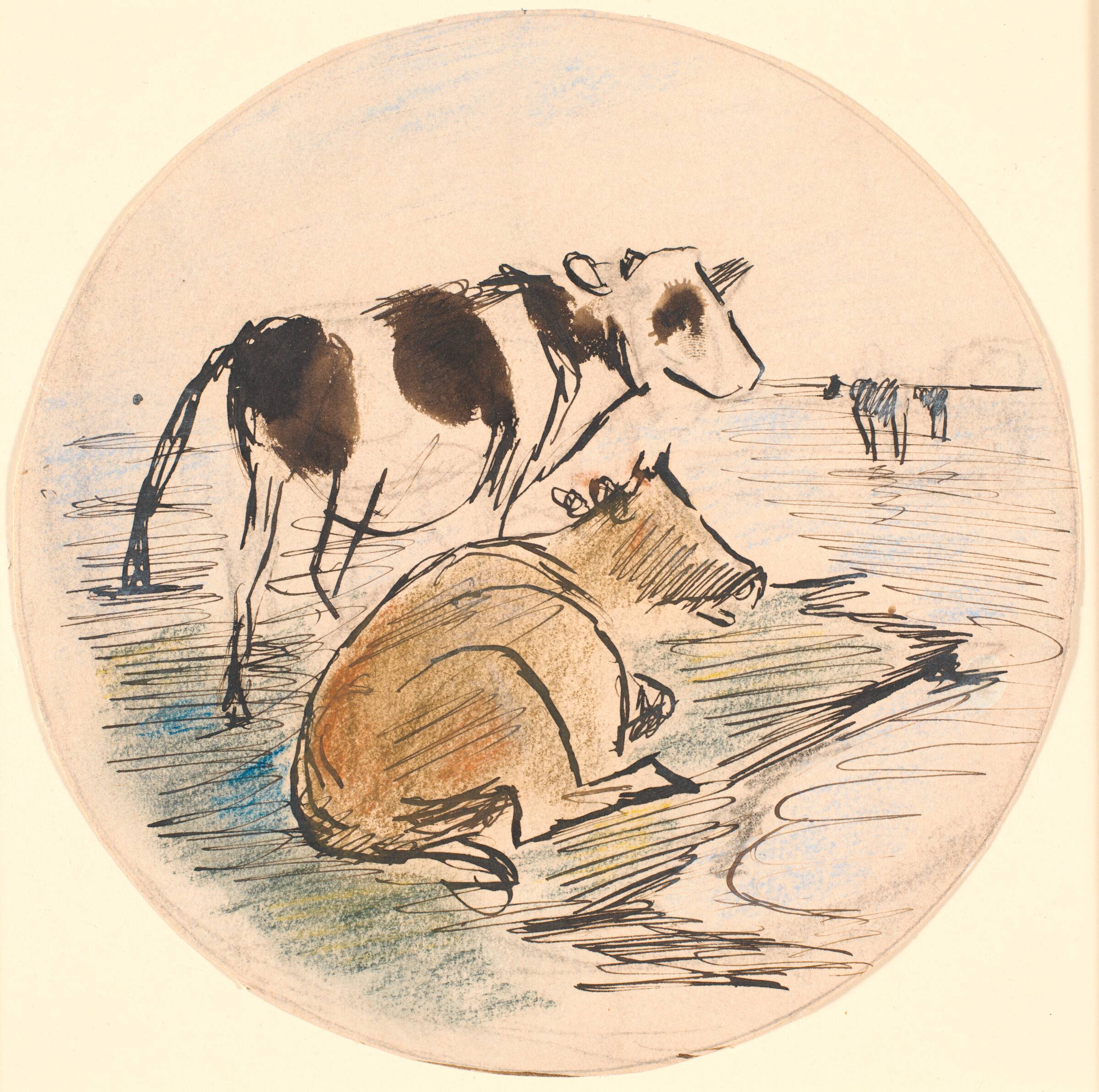 Kalve på Saltholm (udkast til keramisk fad), Theodor Philipsen, 1888