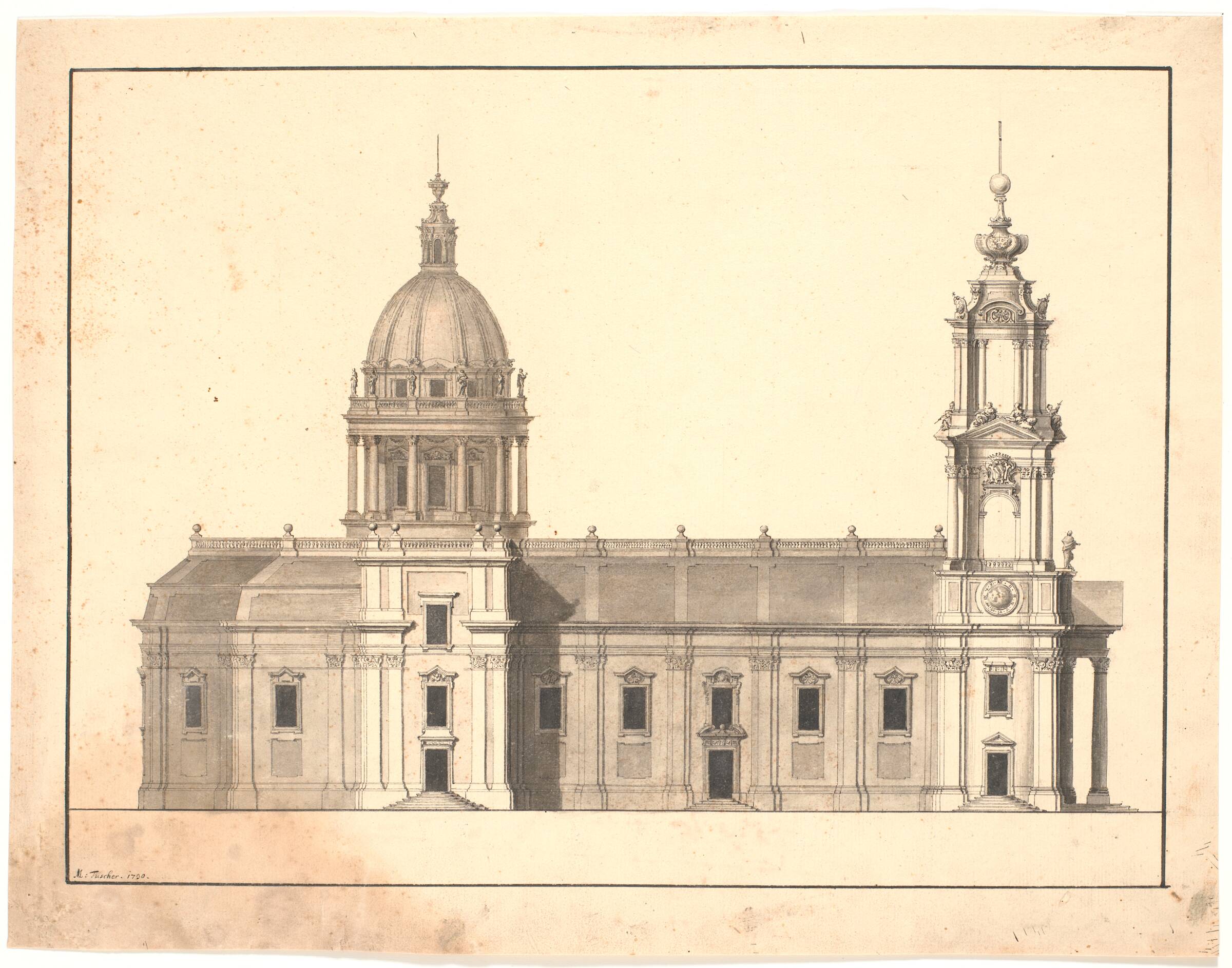 Udkast til sydfacaden af S. Lorenzo kirke, Rom, Marcus Tuscher, 1730