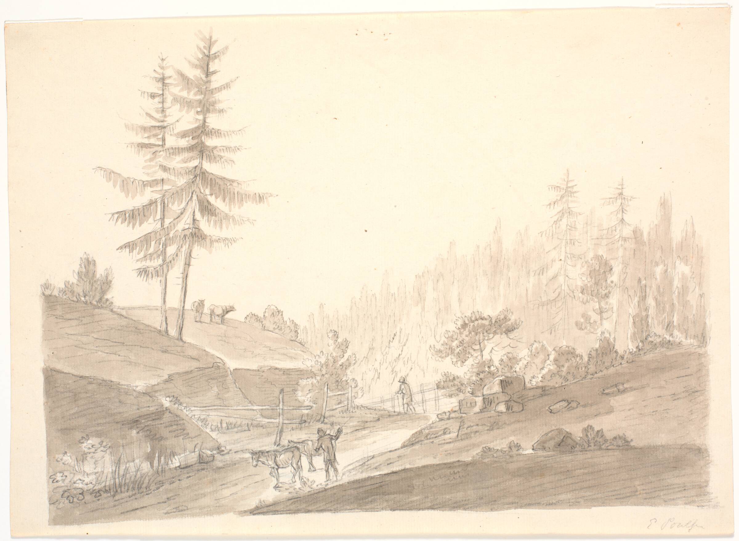Norsk bjerglandskab med kvæg og to mænd, Erik Pauelsen, 1788