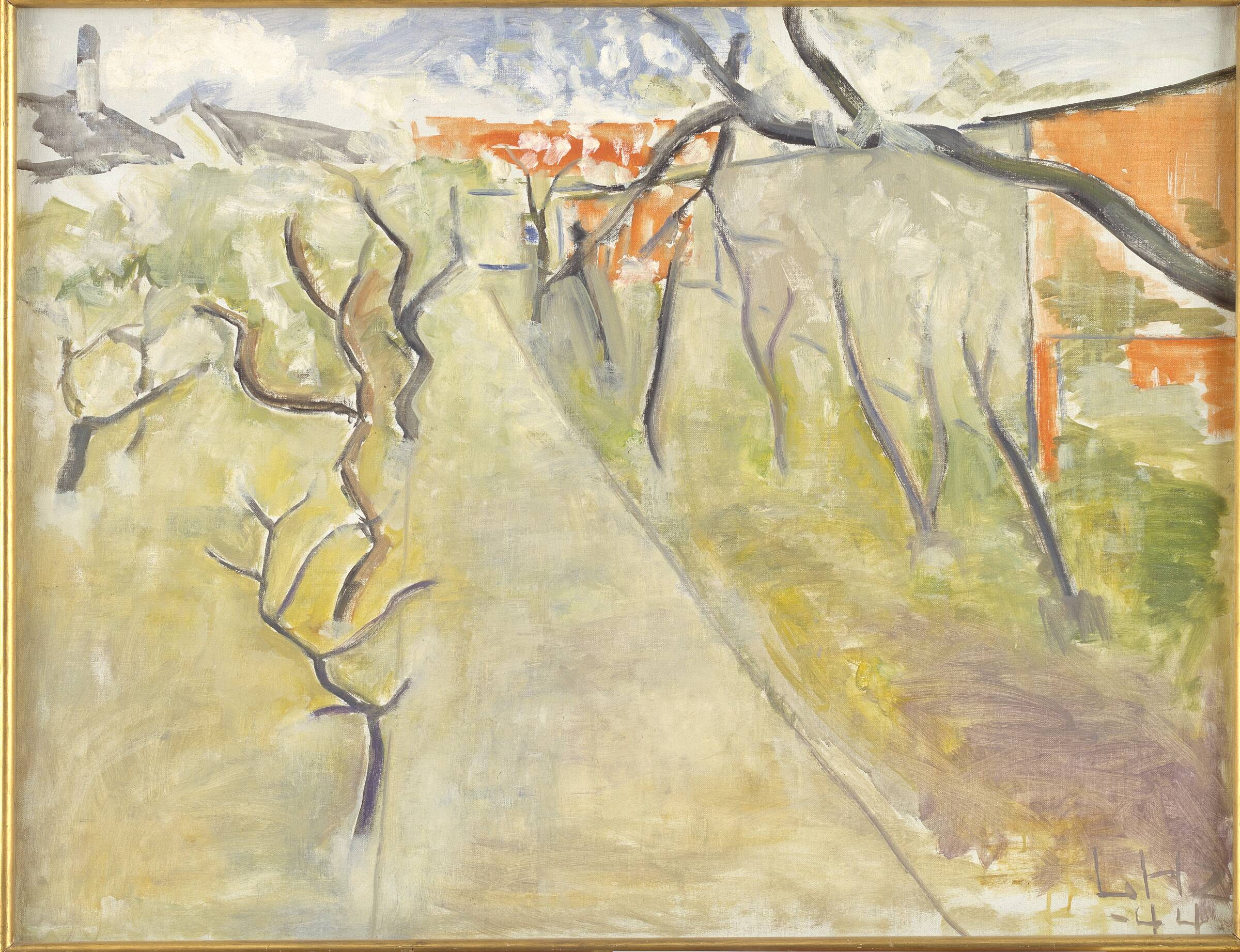 Have med blomstrende frugttræer, Lauritz Hartz, 1944
