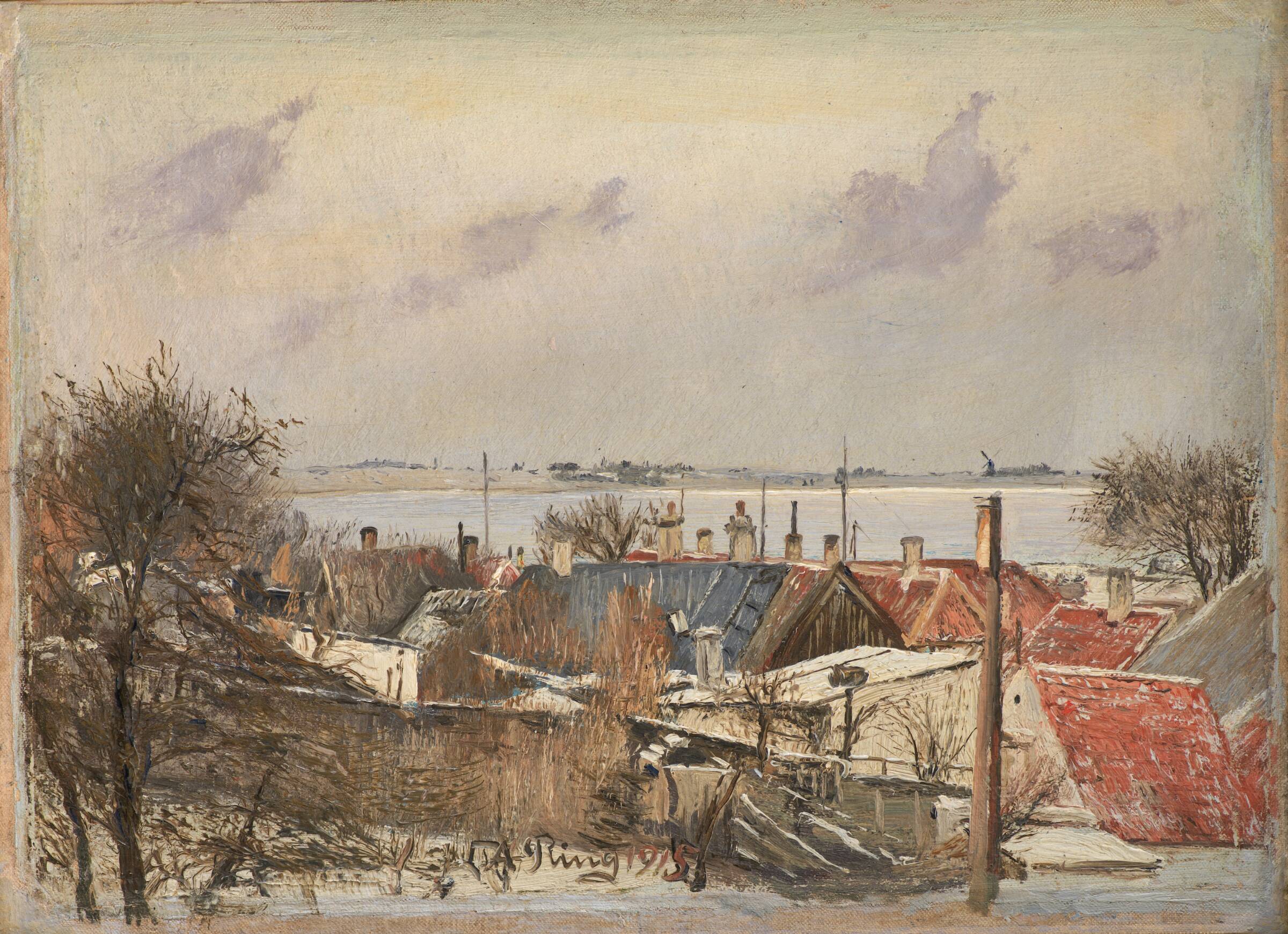 Udsigt over Sankt Jørgensbjerg og Roskilde Fjord. Vinterdag, L.A. Ring, 1915