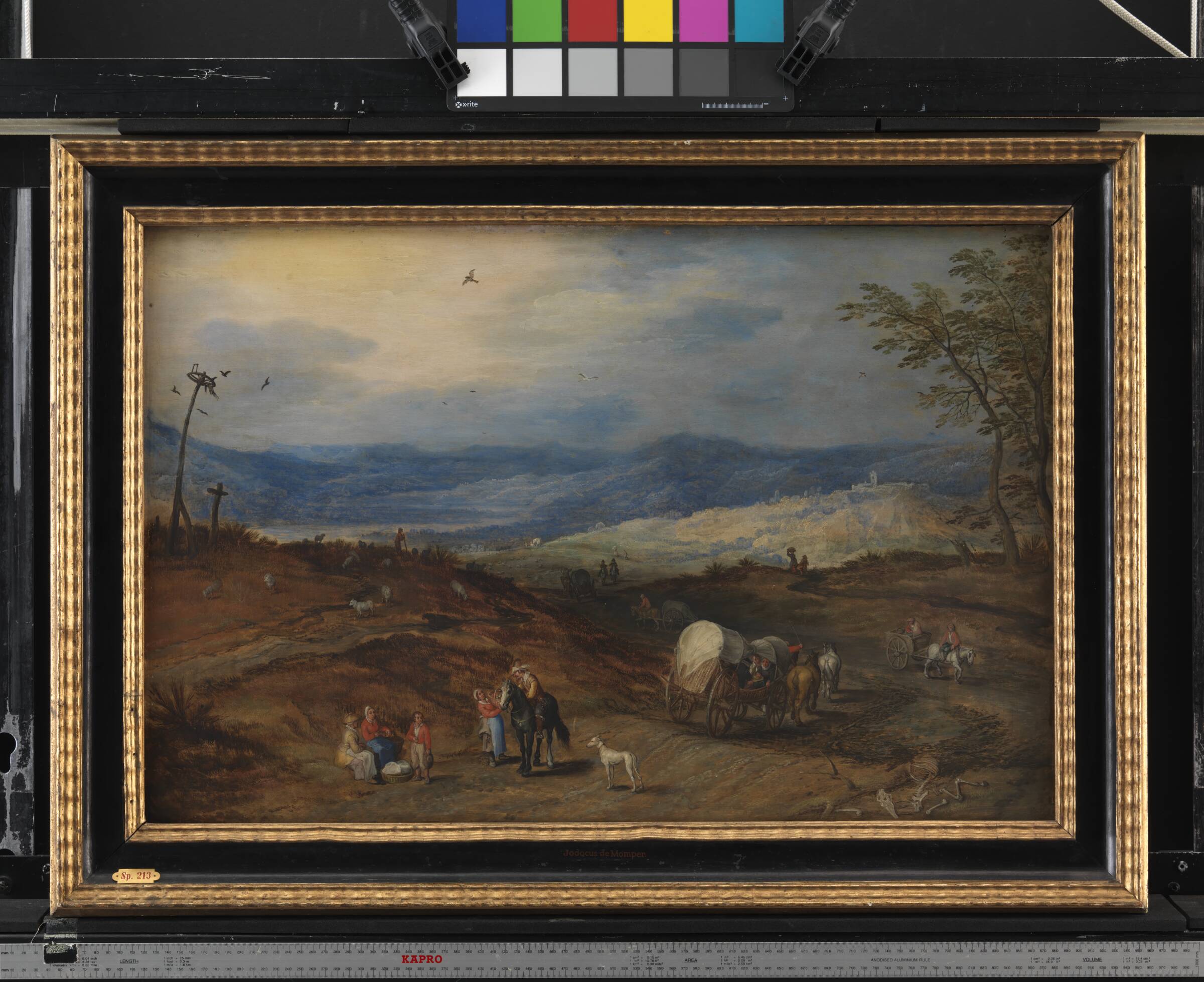 Landskab med vej forbi et rettersted, Joos de II Momper, 1618-1621