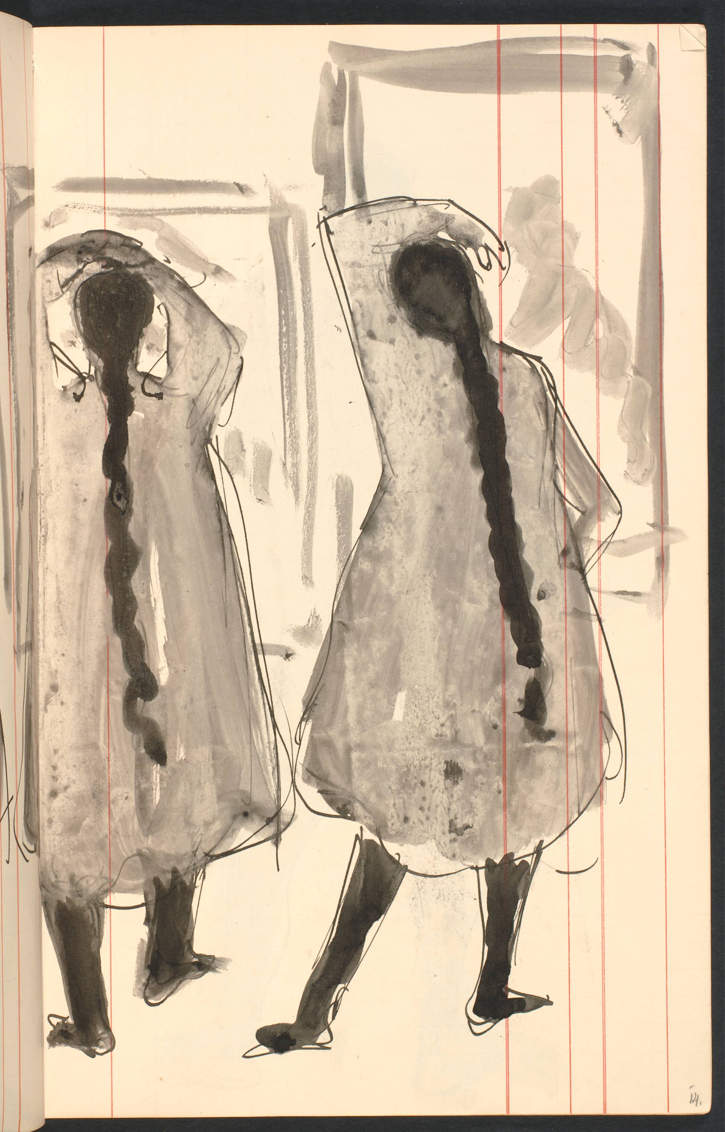 Tre piger på rad, foran tre spejle af forskellig størrelse. Alle påklædte i store kjoler - alle i færd med at gøre deres hår i stand, Gottfred Eickhoff, 1955