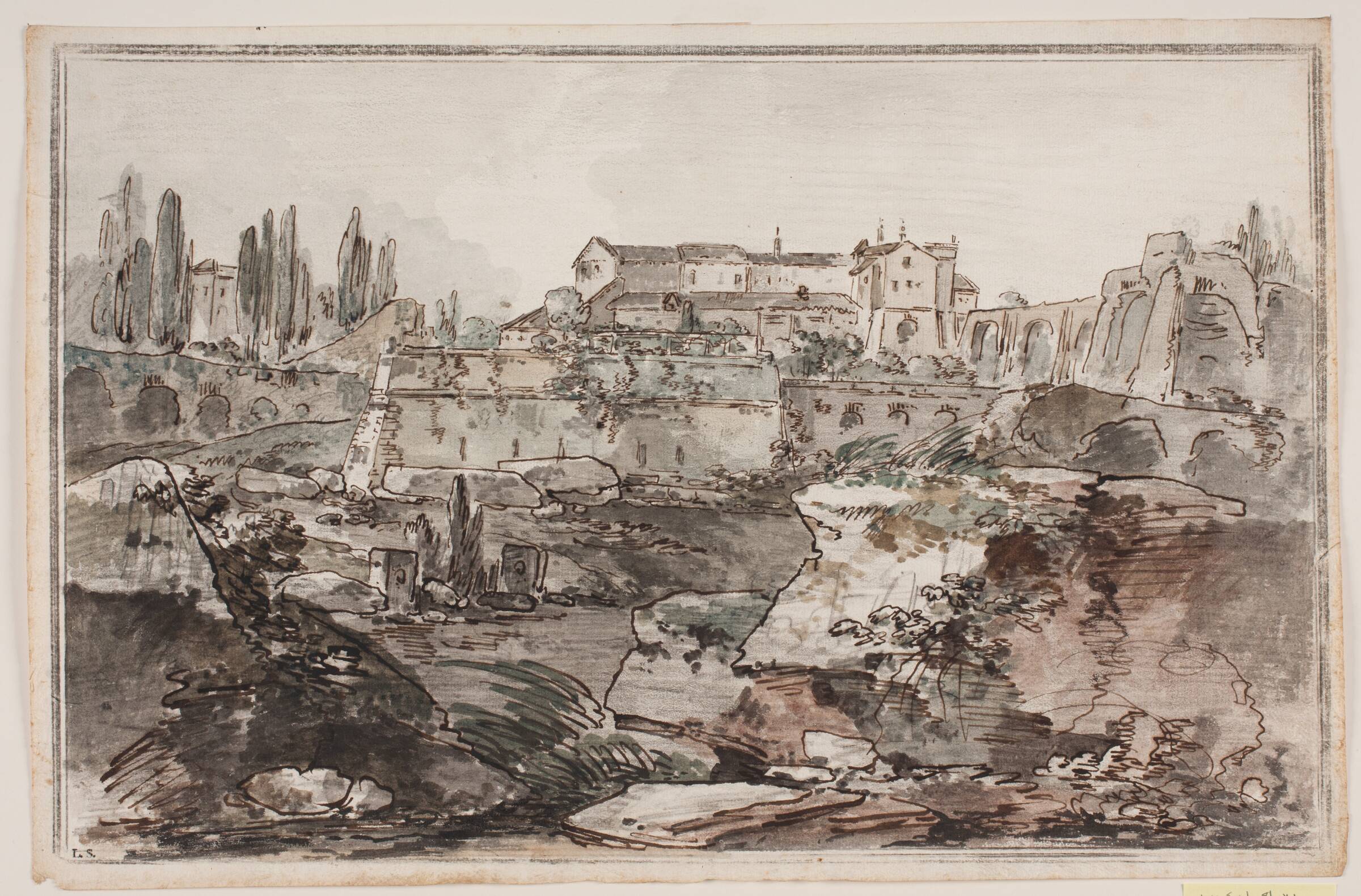Prospekt med fæstning (?), ruiner, klipper og vand, Jens Petersen Lund, 1730-1793