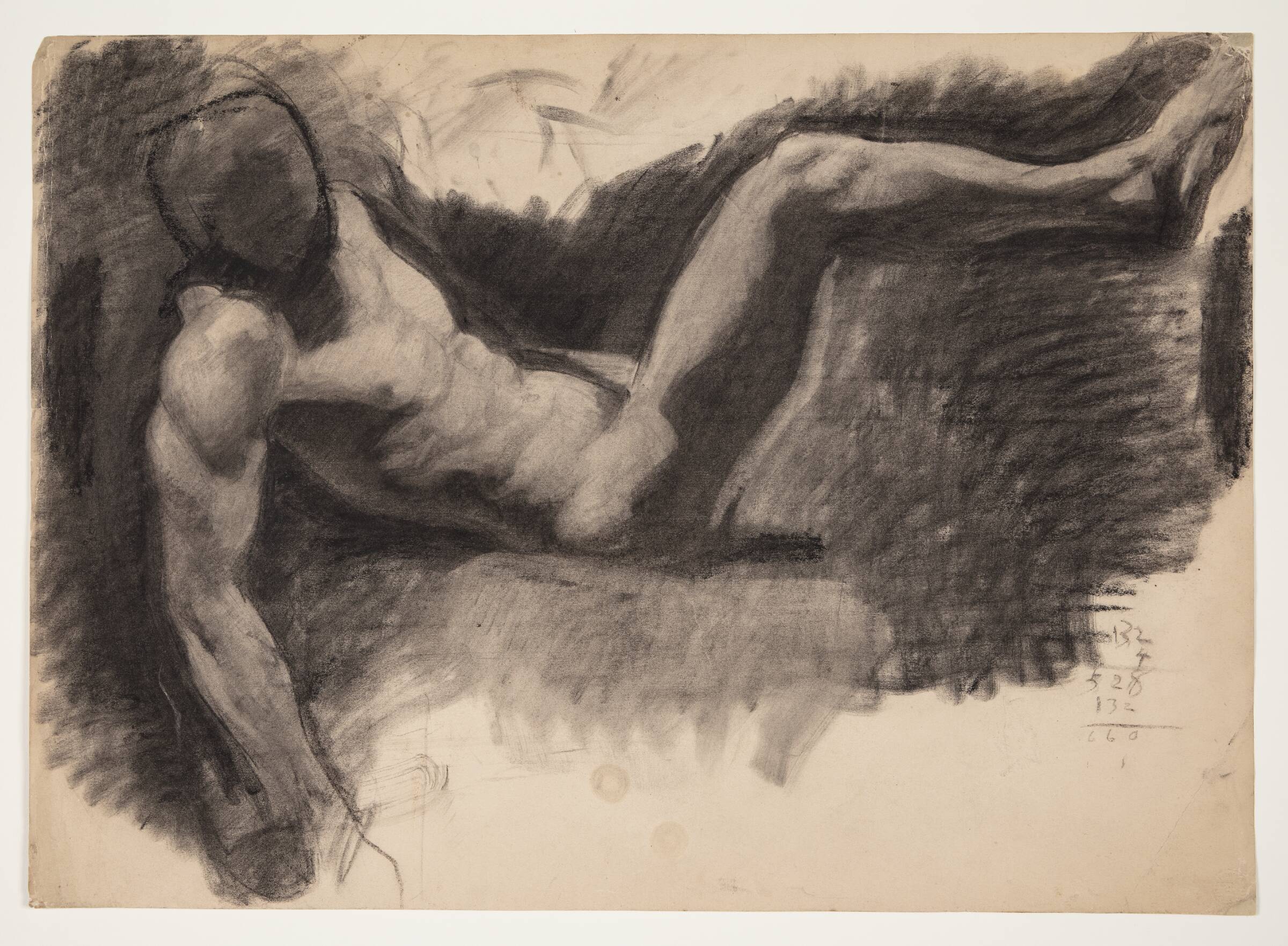 Mandlig model, siddende med bagudstrakte arme, Oluf Hartmann, 1901-1905