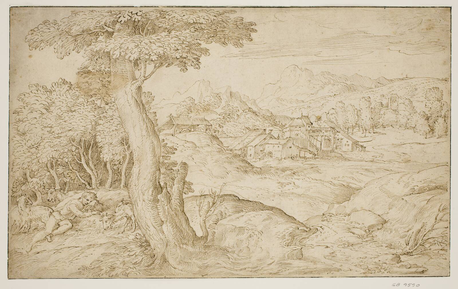 Landscape with a town and a sleeping shepherd, by Domenico Campagnola, 1500-1564
