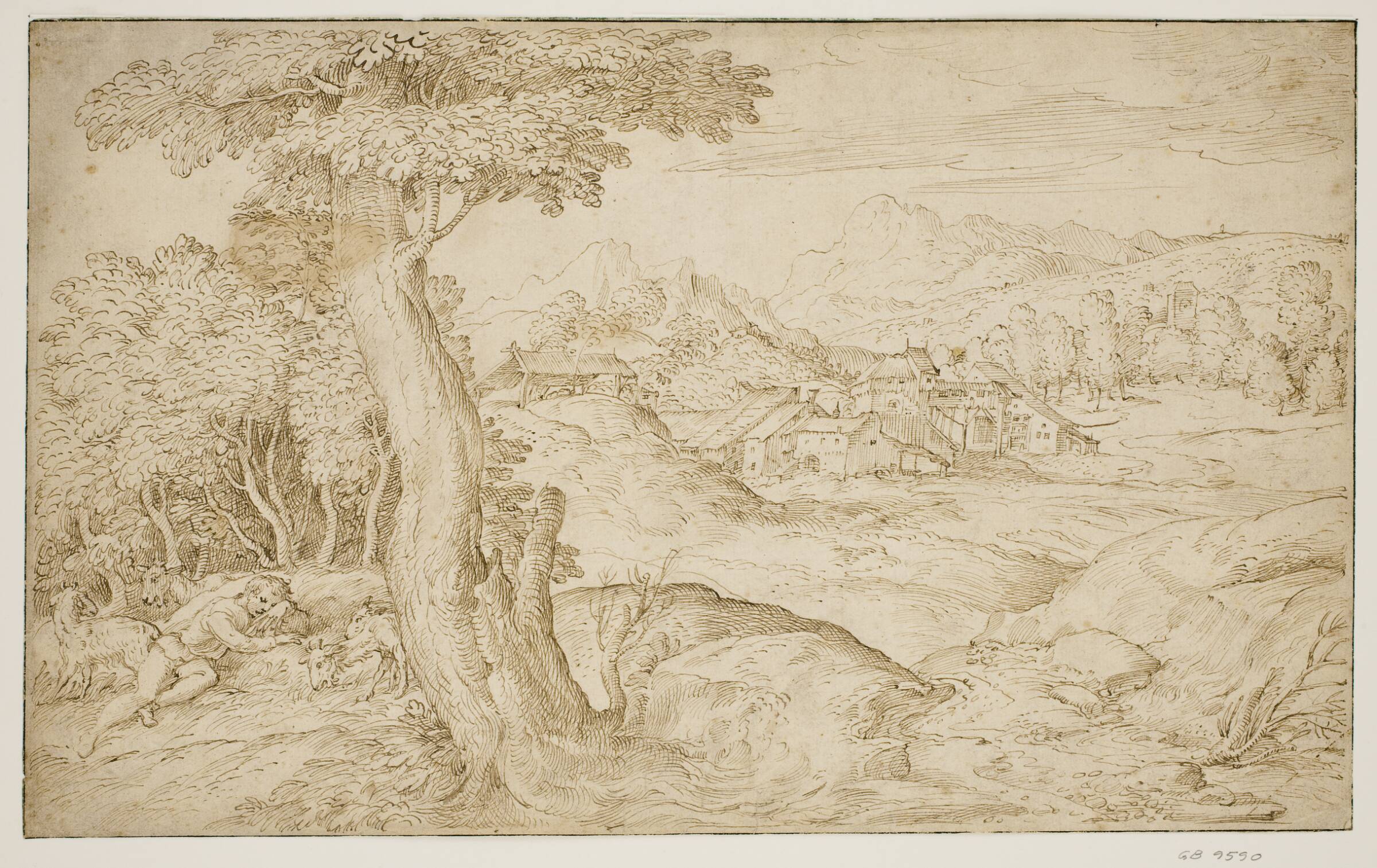 Landskab med en by og en sovende hyrde, Domenico Campagnola, 1500-1564