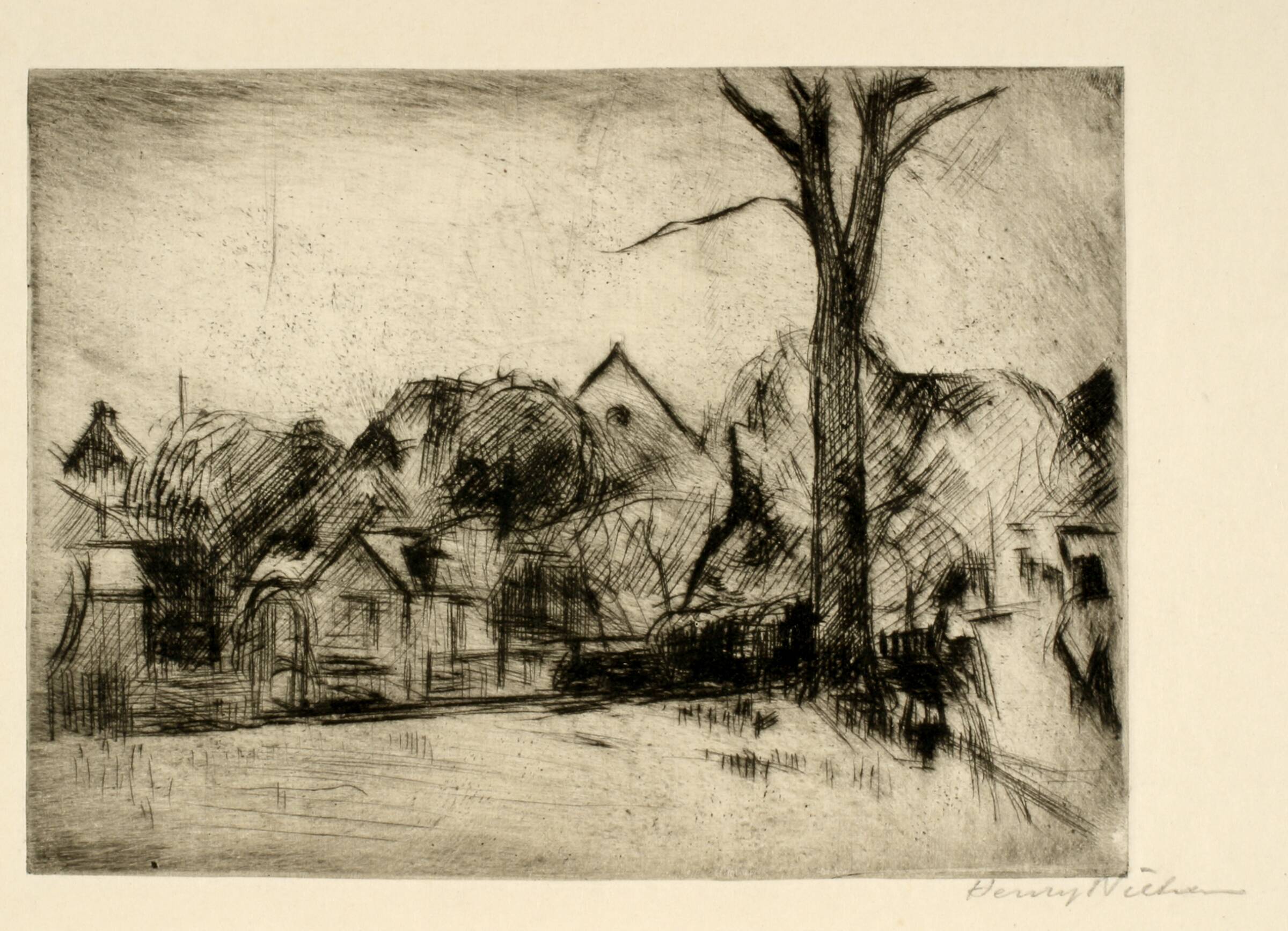Landskab med højt træ og huse, Henry Nielsen, 1907-1937
