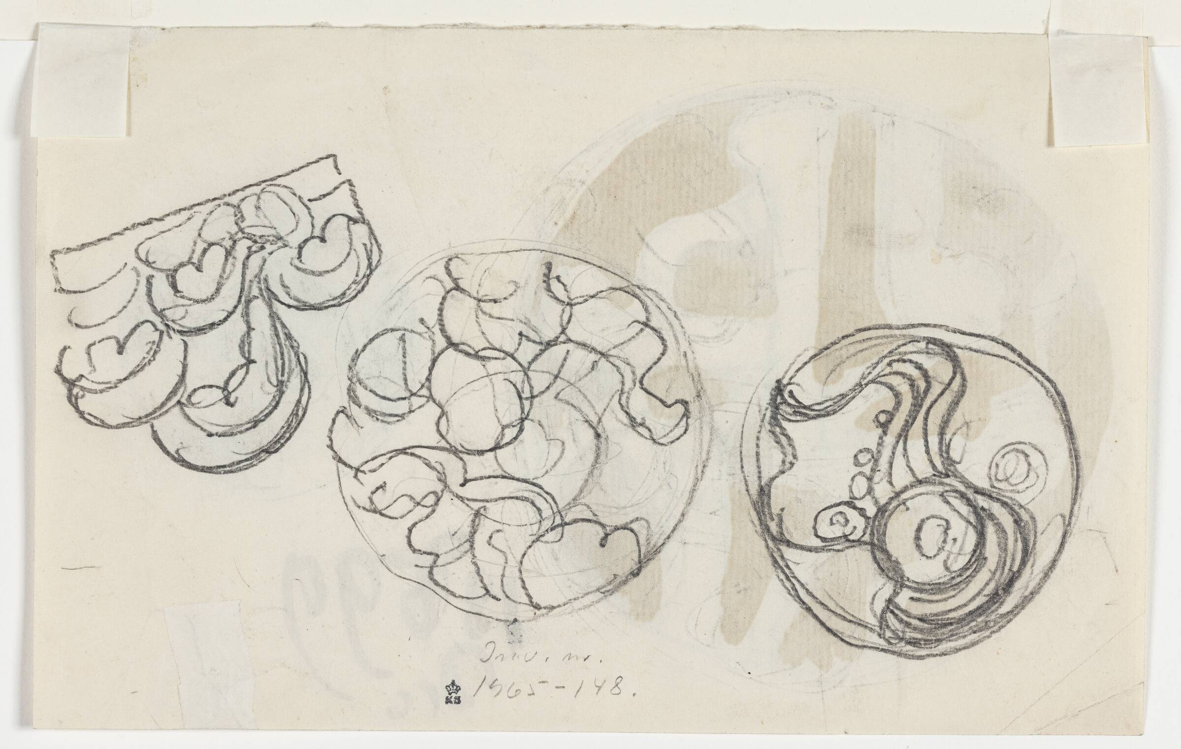 Ornamentudkast og to studier til fade, Thorvald Bindesbøll, 1899