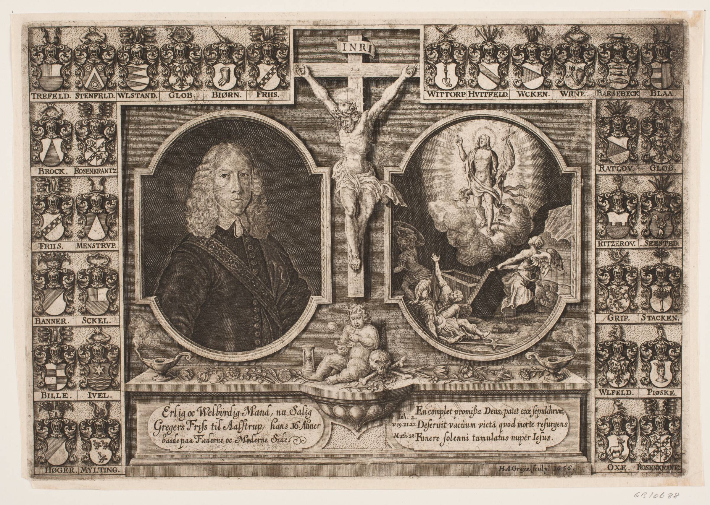 Gregers Friis til Ålstrup samt Kristus på korset og Kristi opstandelse. Omgivet af aneskjolde, Hans Andreas Greys, 1656