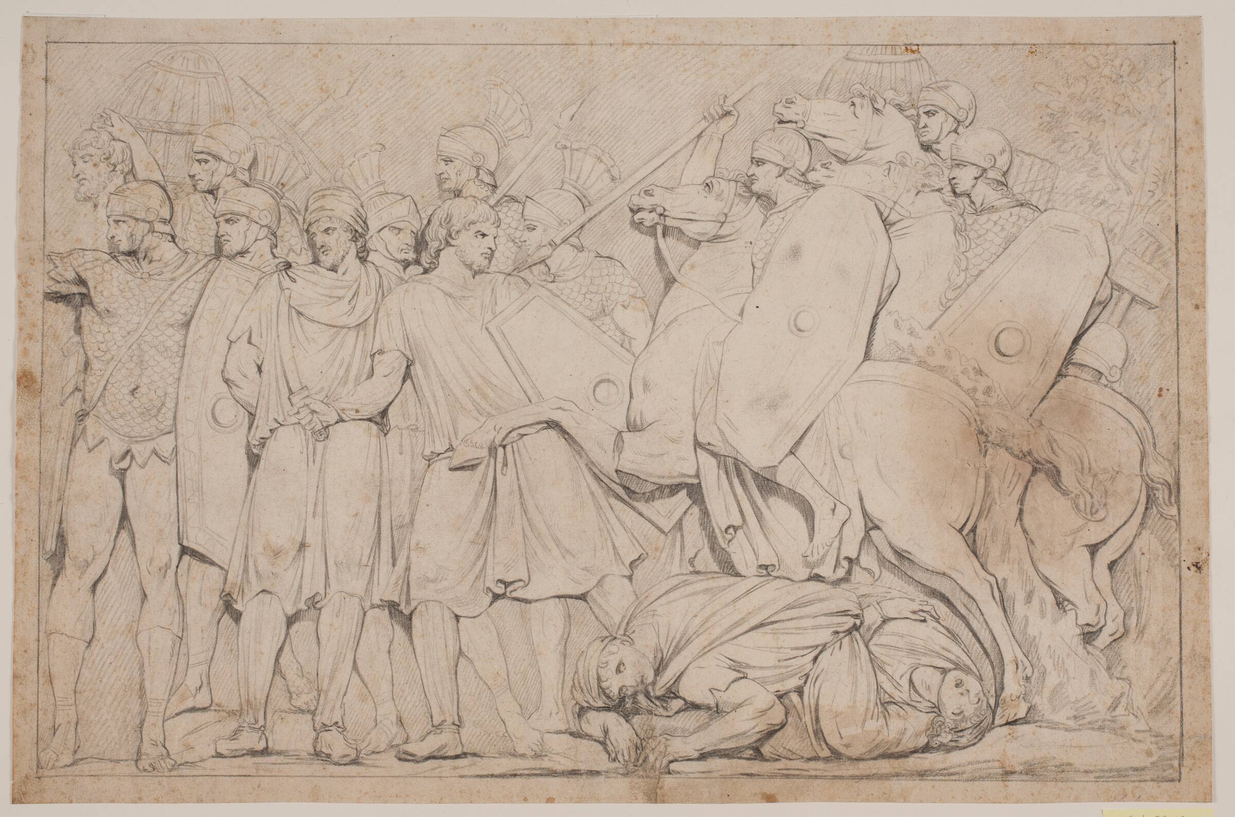 Kampscene. Hjelmklædte soldater (også ryttere) i rustning med spyd og skjolde og barbarer, Jacques François Joseph Saly, 1717-1776