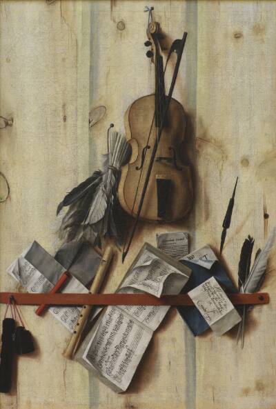 Trompe l'oeil med violin, nodehæfte og blokfløjte
