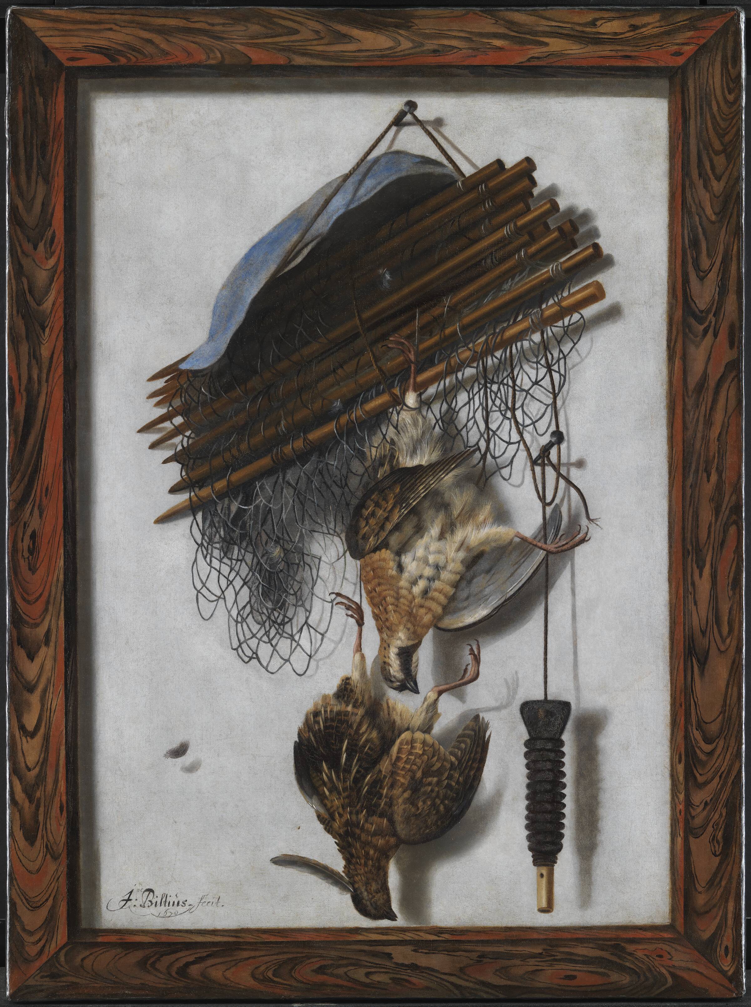 Trompe l'oeil. Indrammet billede med dødt fuglevildt og fuglenet ophængt på en mur, Jacob Biltius, 1670