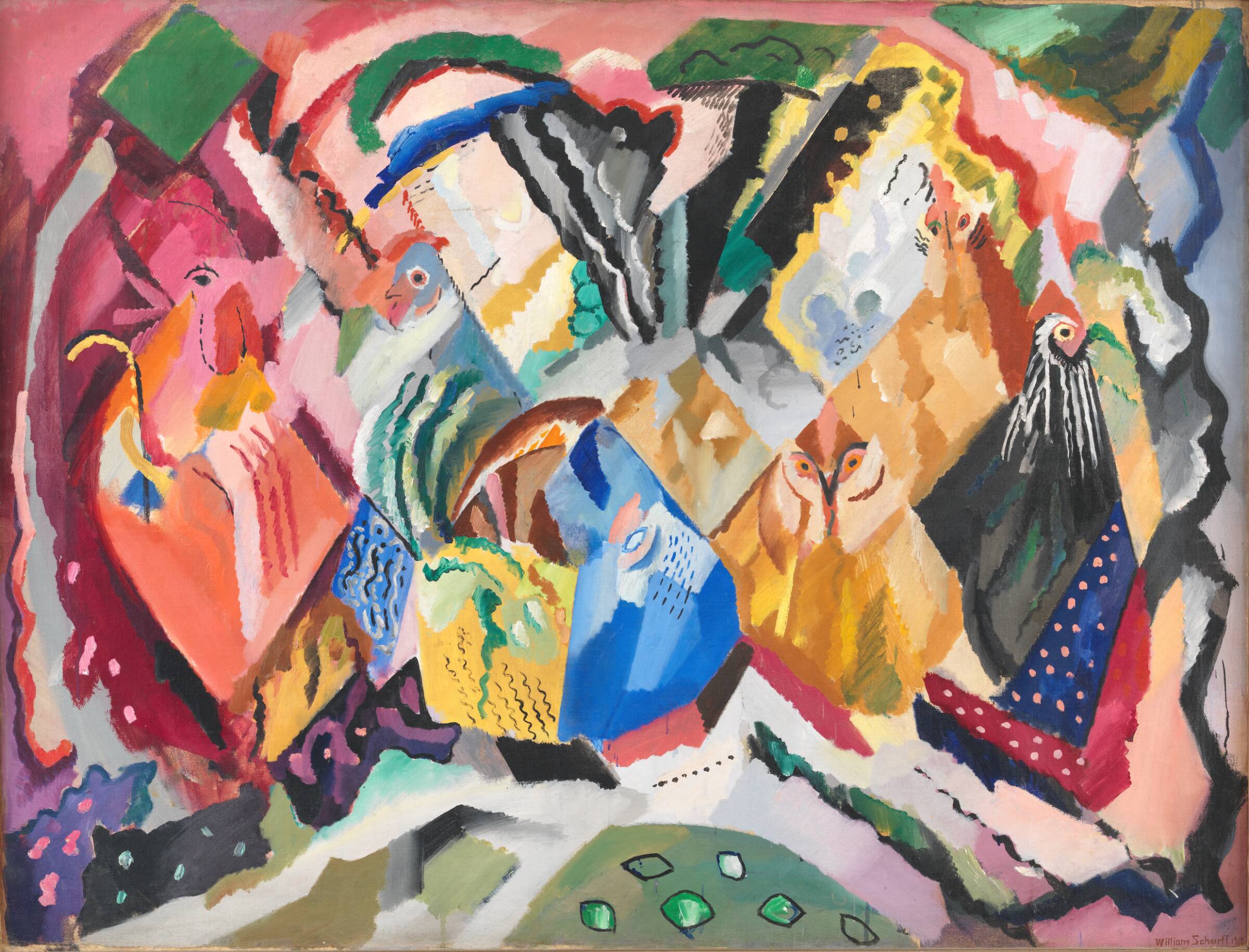 Komposition i rødt. Høns, William Scharff, 1918
