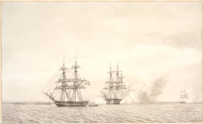 Krigsskibene salutere idet Kronprins Frederik og Gemalinde ro ind til Kjøbenhavn den 22 juni 1841.Fremstillet er briggen Allart, linieskibet Christian Vlll og kovetten Flora.