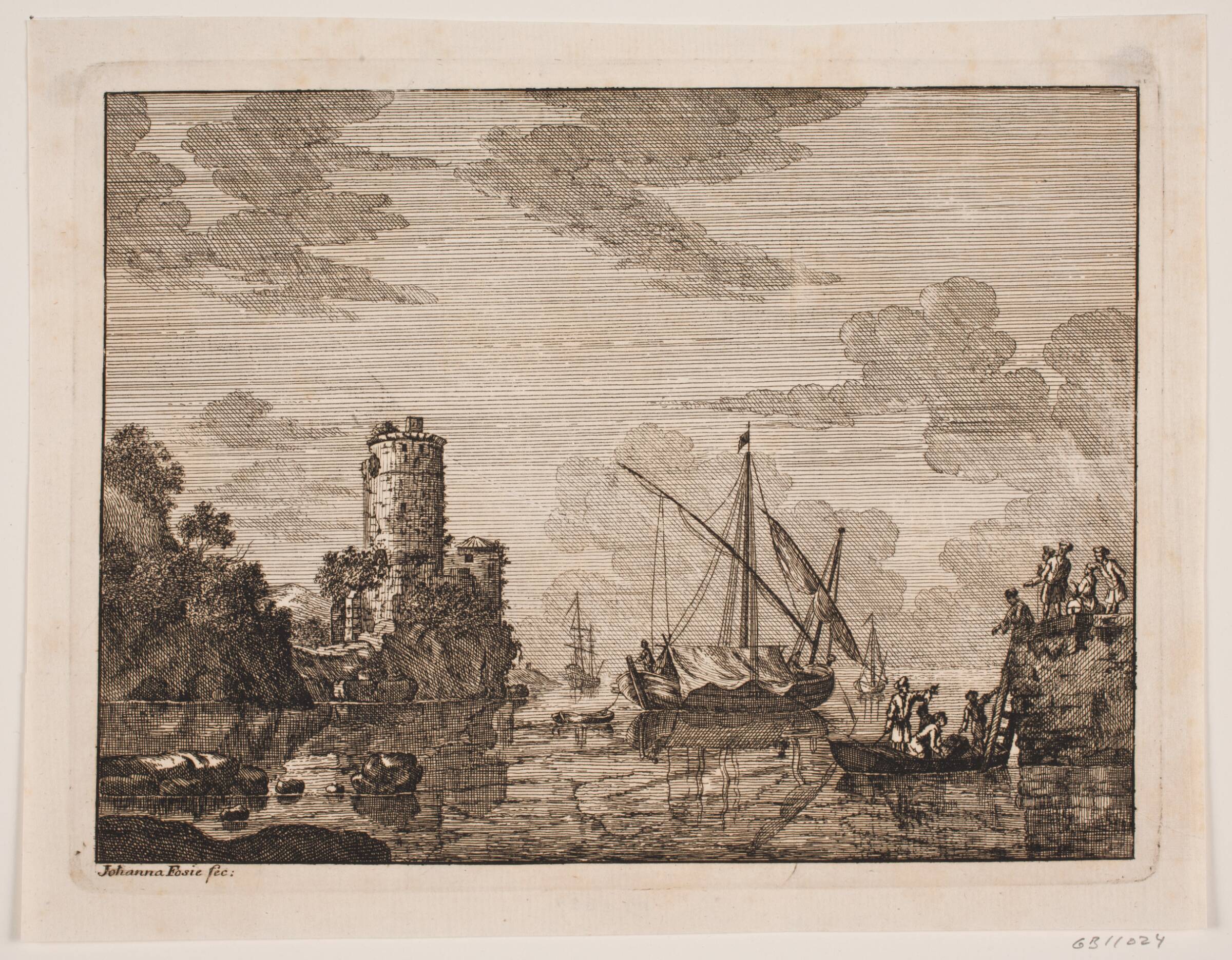 Skibe på en flod. Til venstre et tårn, Johanna Fosie, 1740-1749