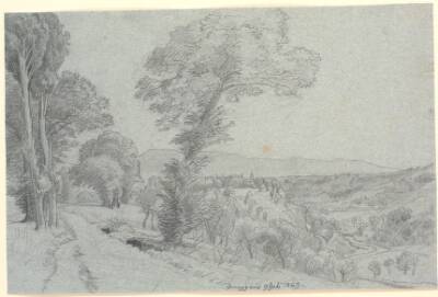 Italiensk bjerglandskab med udsigt mod "Genazzano 9 Juli 1869.".